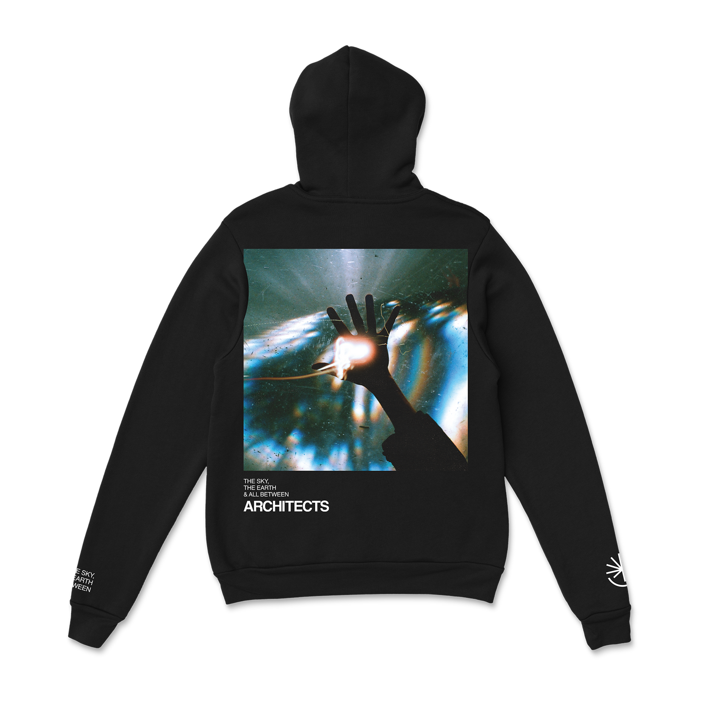 Black unisex pullover hoodie with Architects The Sky, the Earth and All Between album art print across the back.