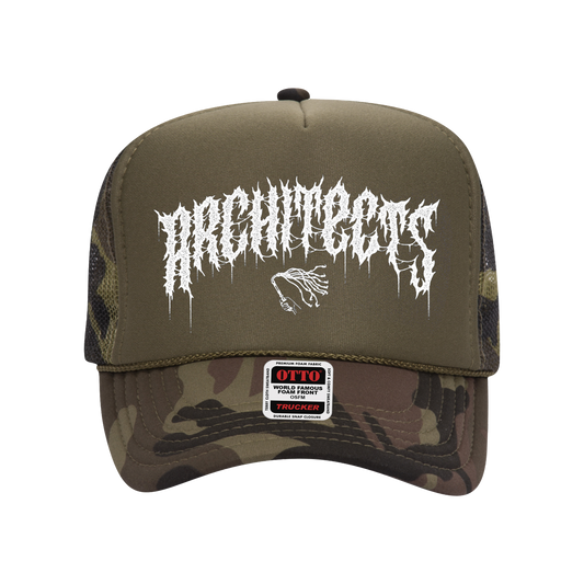 Camo cap with white Architects text print across the front