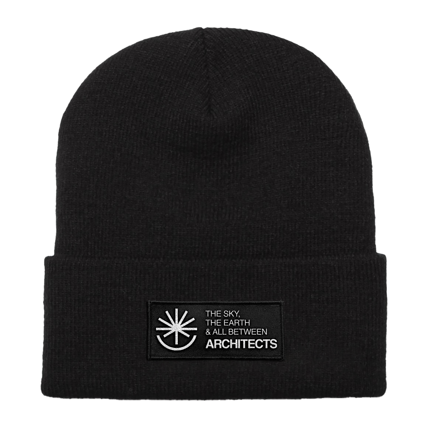 Black unisex Beanie with Architects The Sky, the Earth and All Between text patch across the front