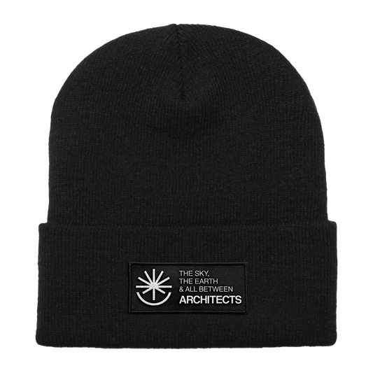 Black unisex Beanie with Architects The Sky, the Earth and All Between text patch across the front
