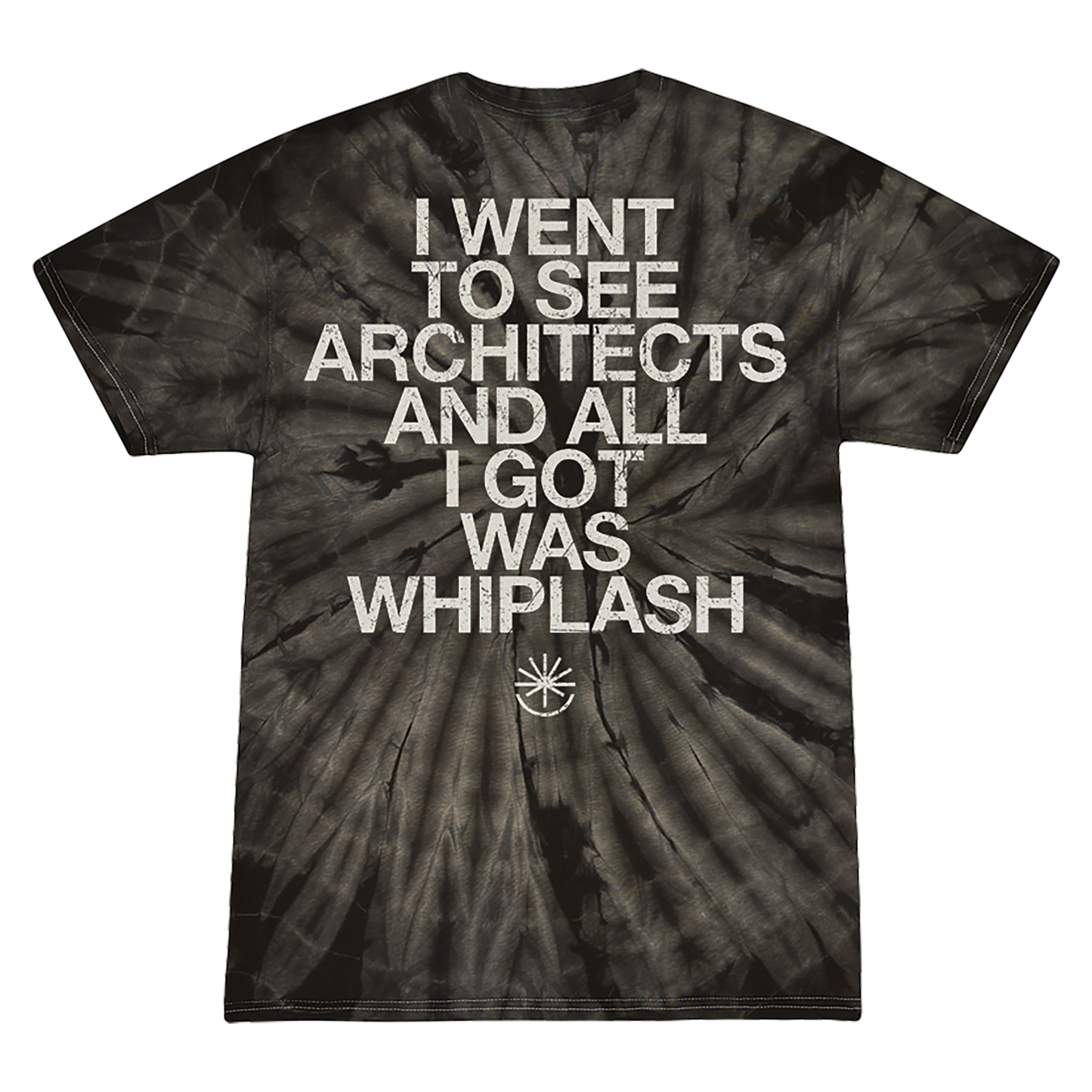 Short-sleeve tie-dye t-shirt with white 'I went to see Architects and all I got was Whiplash' print across the back.