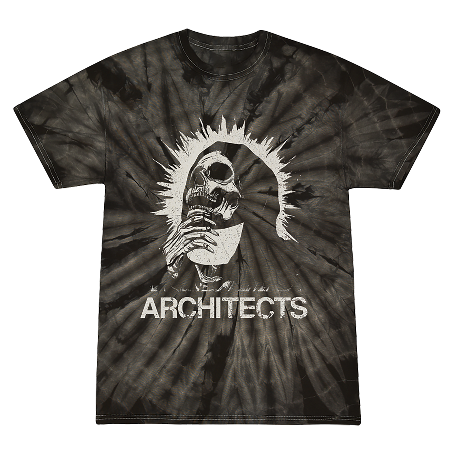 Short sleeve tie-dye t-shirt with a skull design and 'Architects' text across the front.