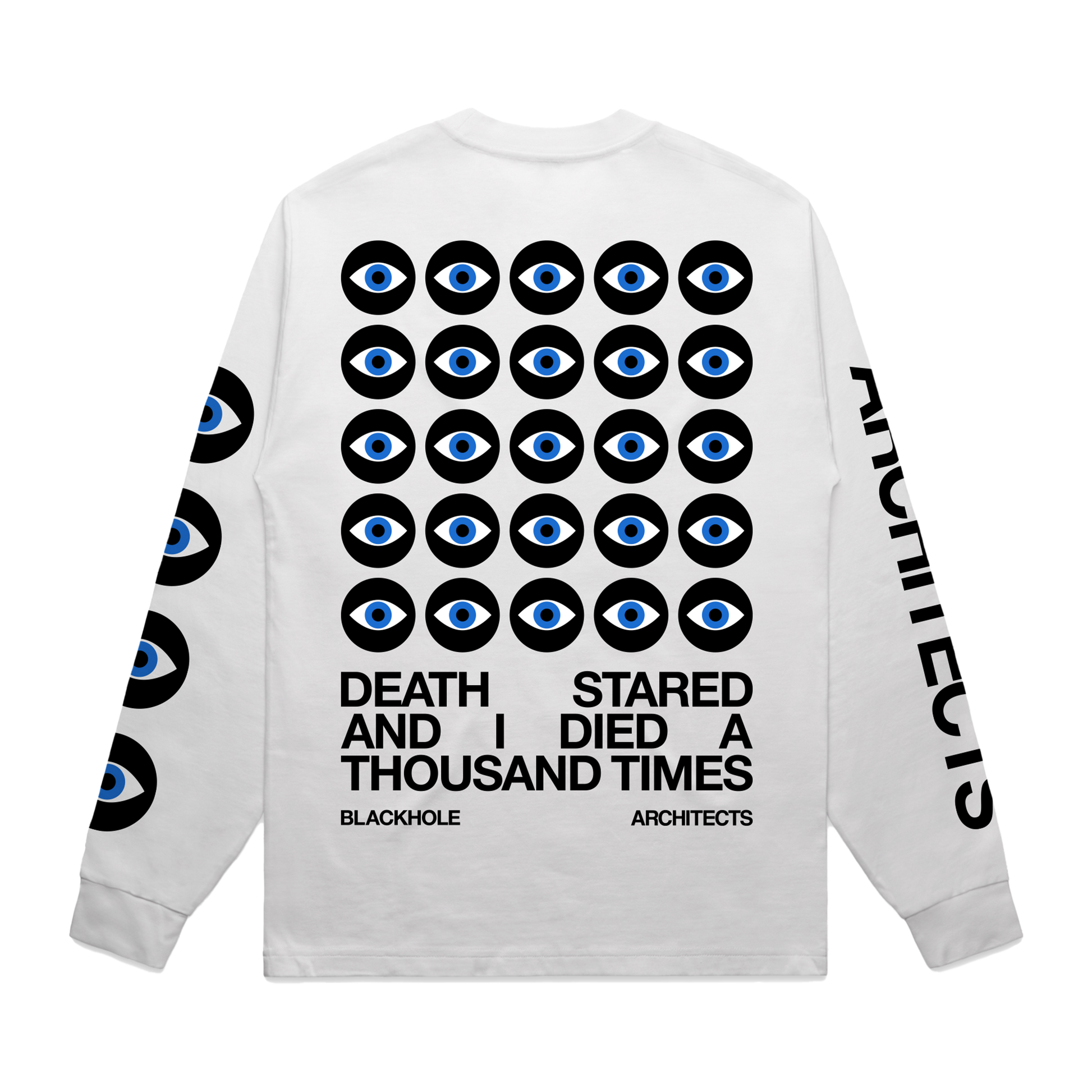White long-sleeve unisex regular fit T-shirt with Architects Blackhole eye print across the back, Architects text along the right sleeve, and eye print along the left sleeve.