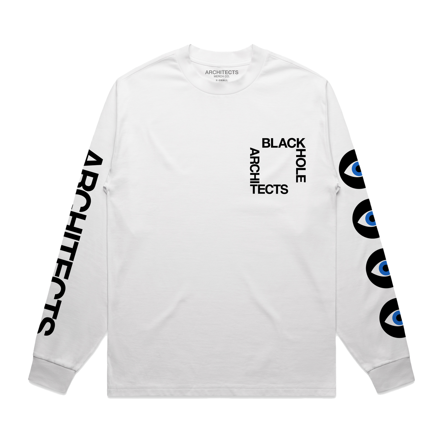 White long-sleeve unisex regular fit T-shirt with Architects Blackhole print on the front right chest, Architects text along the right sleeve, and eye print along the left sleeve.