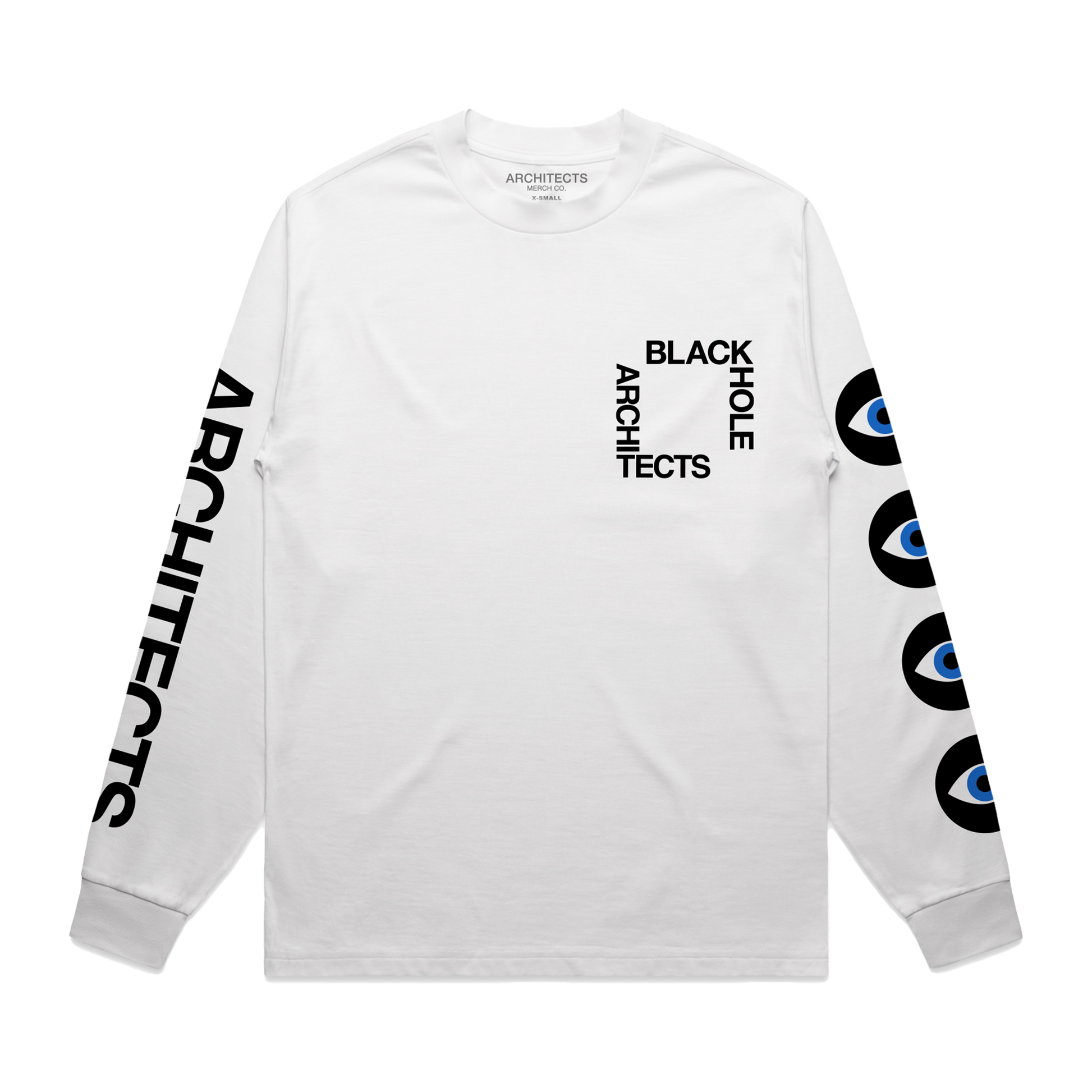 White long-sleeve unisex regular fit T-shirt with Architects Blackhole print on the front right chest, Architects text along the right sleeve, and eye print along the left sleeve.