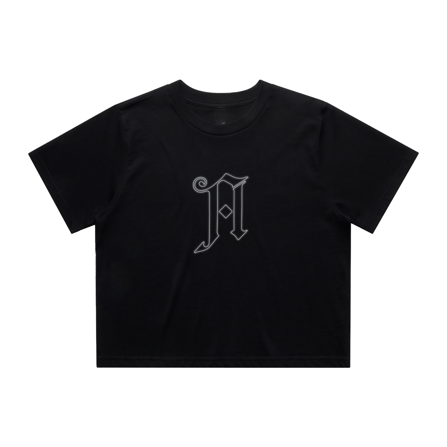 Black unisex short-sleeve crop top with Architects 'A across the front