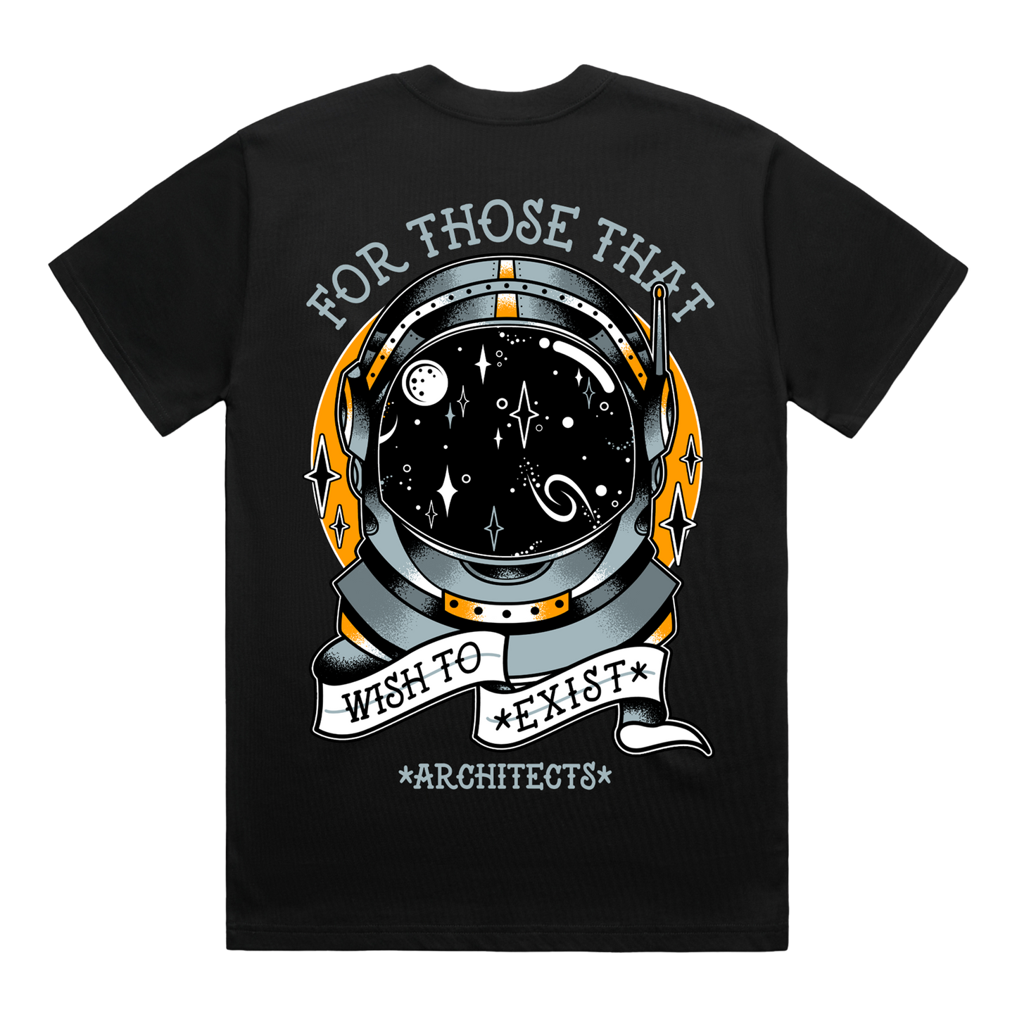 Black T-shirt featuring a graphic astronaut print across the back, with surrounding text reading ‘For Those That Wish to Exist'.