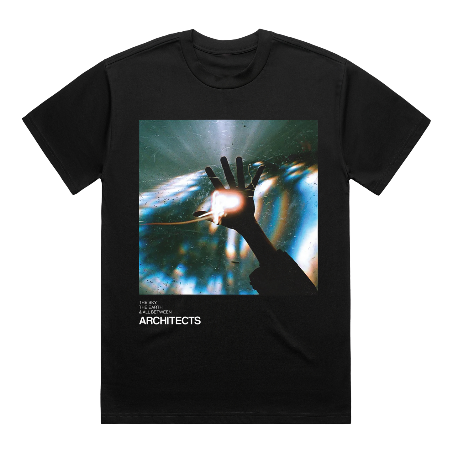 Black short-sleeve unisex regular fit T-shirt with Architects The Sky, The Earth & All Between album art print across the front.