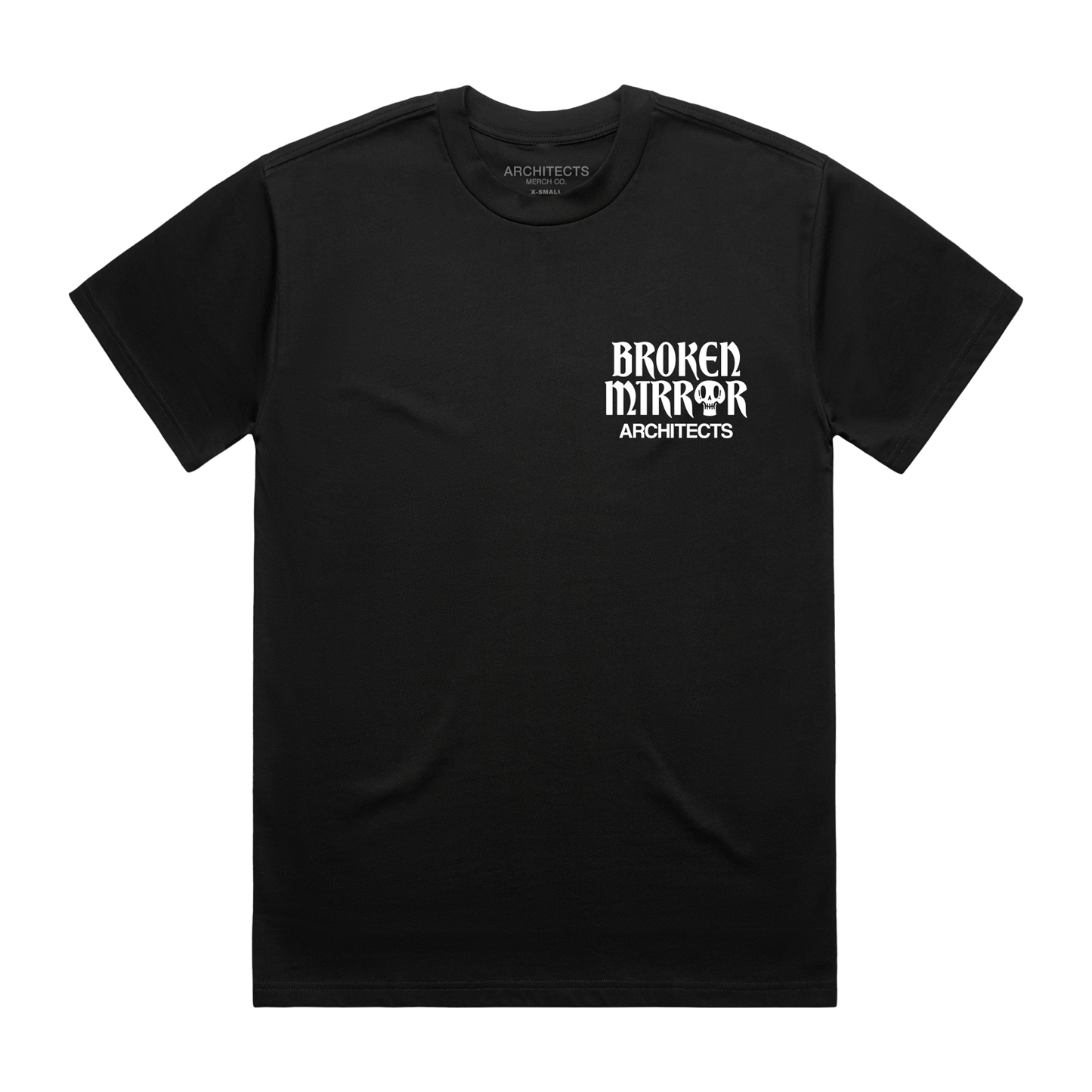 Black t-shirt with 'Broken Mirror Architects' print across the front