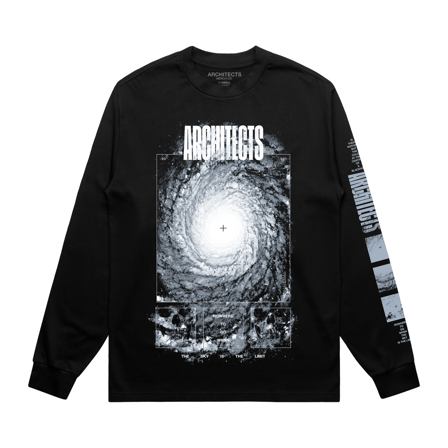 Architects long-sleeve unisex regular fit T-Shirt with Architects Blackhole print across the front and Architects text print along the sleeve
