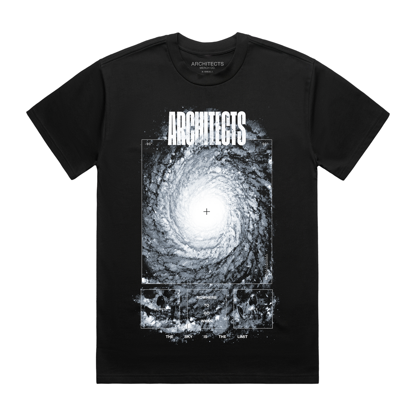 Black short-sleeve unisex regular fit T-shirt with Architects Blackhole print across the front