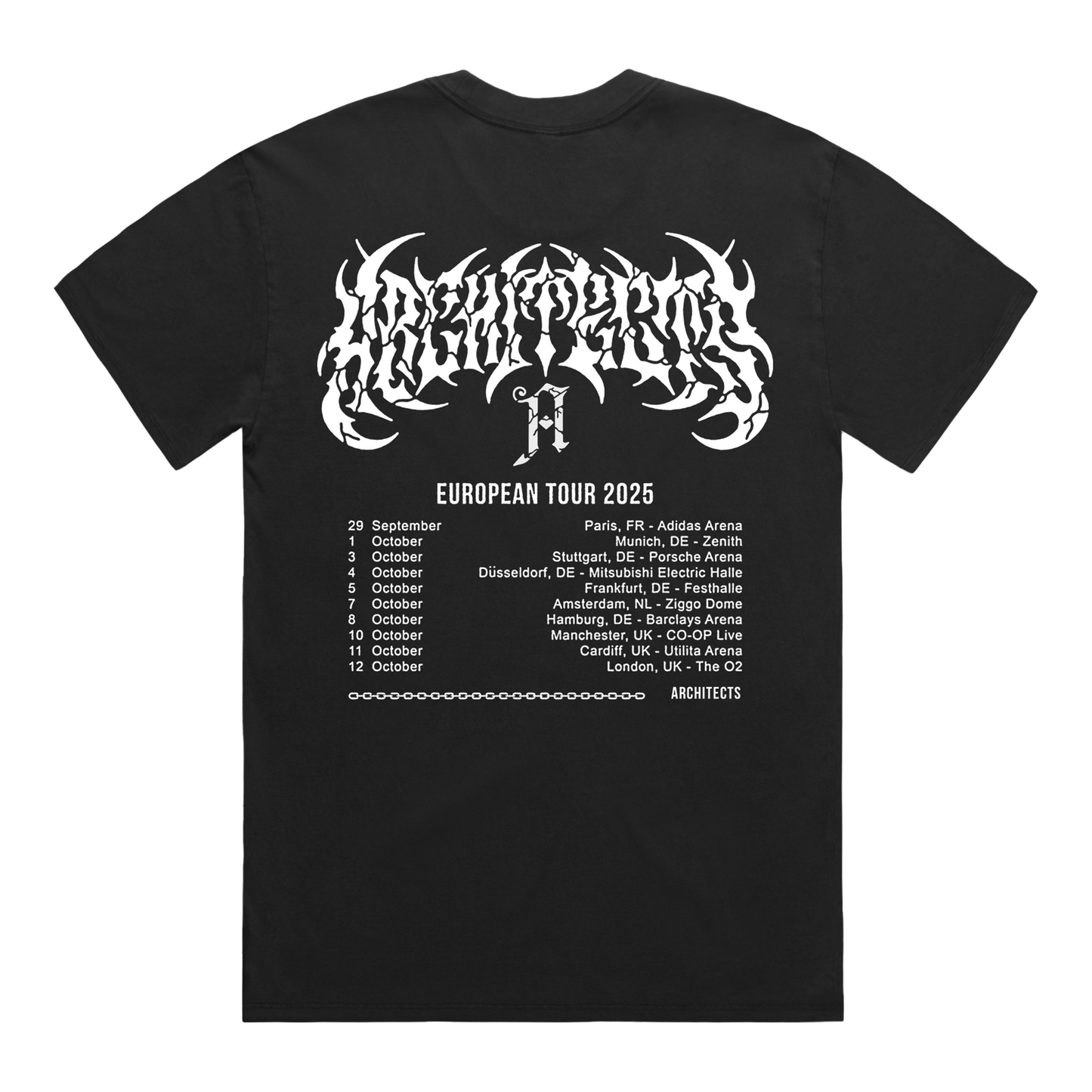 Black short-sleeve T-Shirt featuring a white Architects logo and UK + EU Autumn 2025 tour dates on the back.