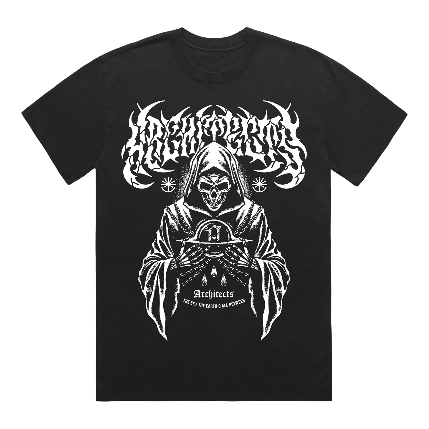 Black short-sleeve T-Shirt with white Architects text print, and a white reaper graphic print across the front.