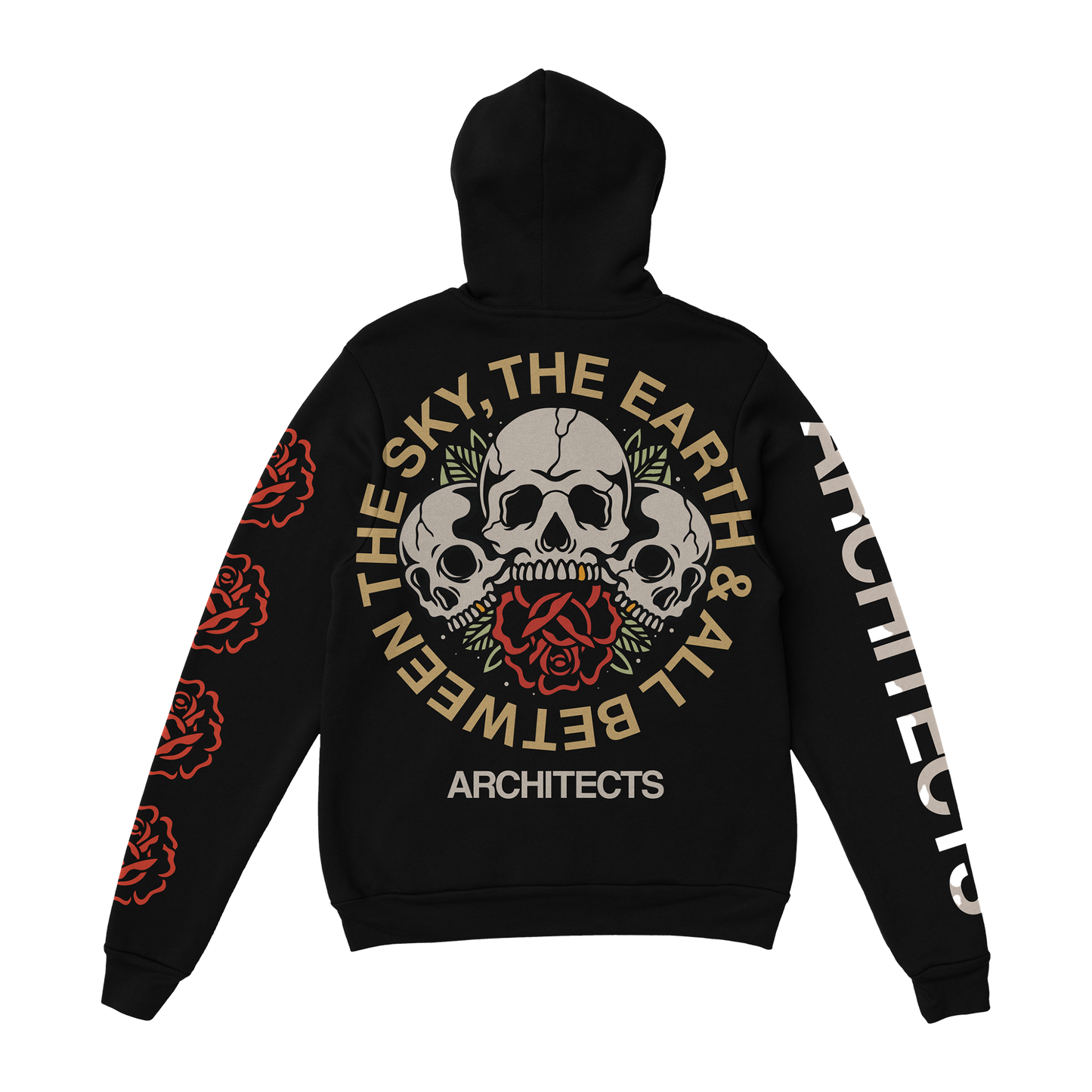 Black hoodie with Architects ‘The Sky, The Earth & All Between’ skull and rose print on the back.