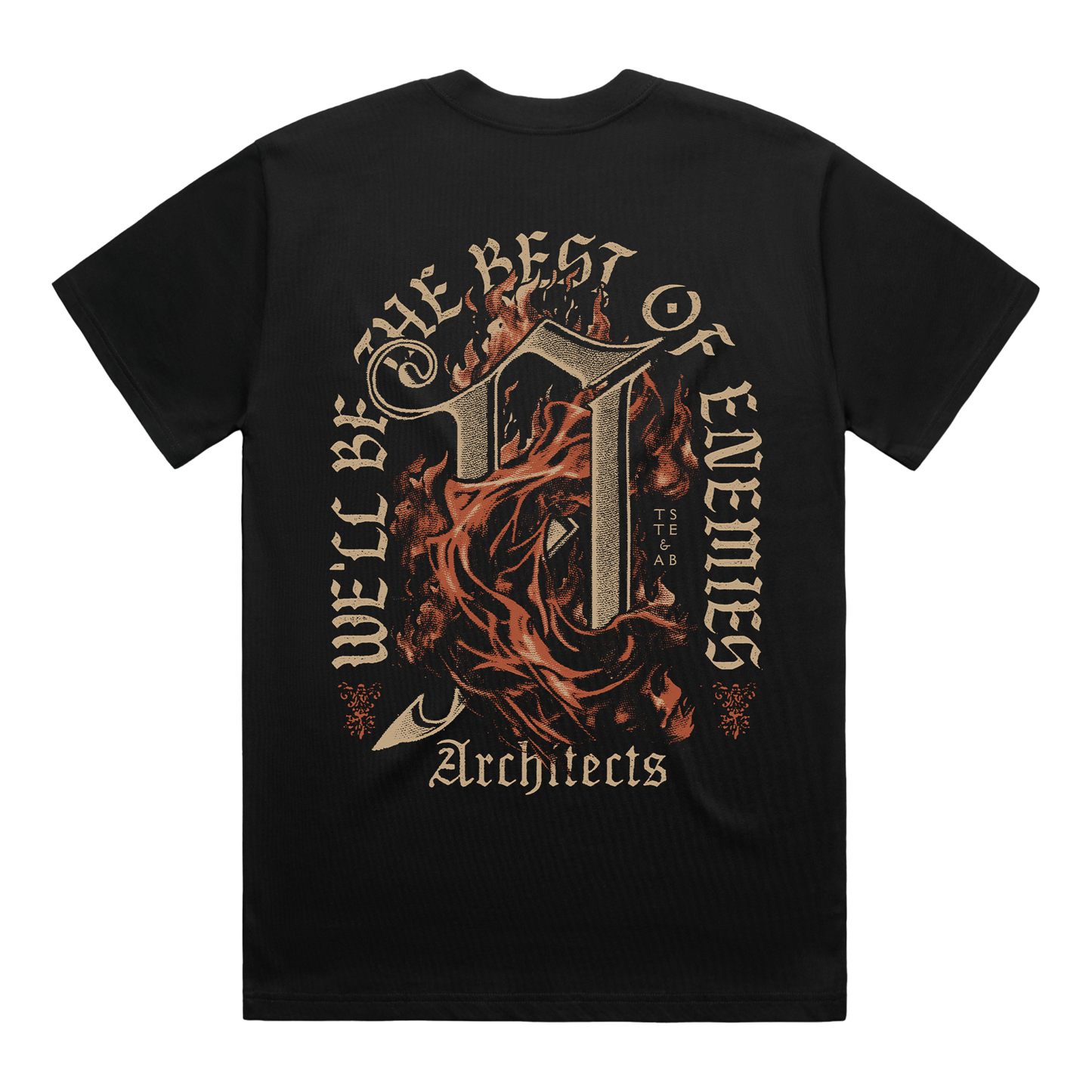 Black short-sleeve T-shirt featuring a burning ‘A’ print on the back and golden text reading ‘We’ll Be the Best of Enemies.