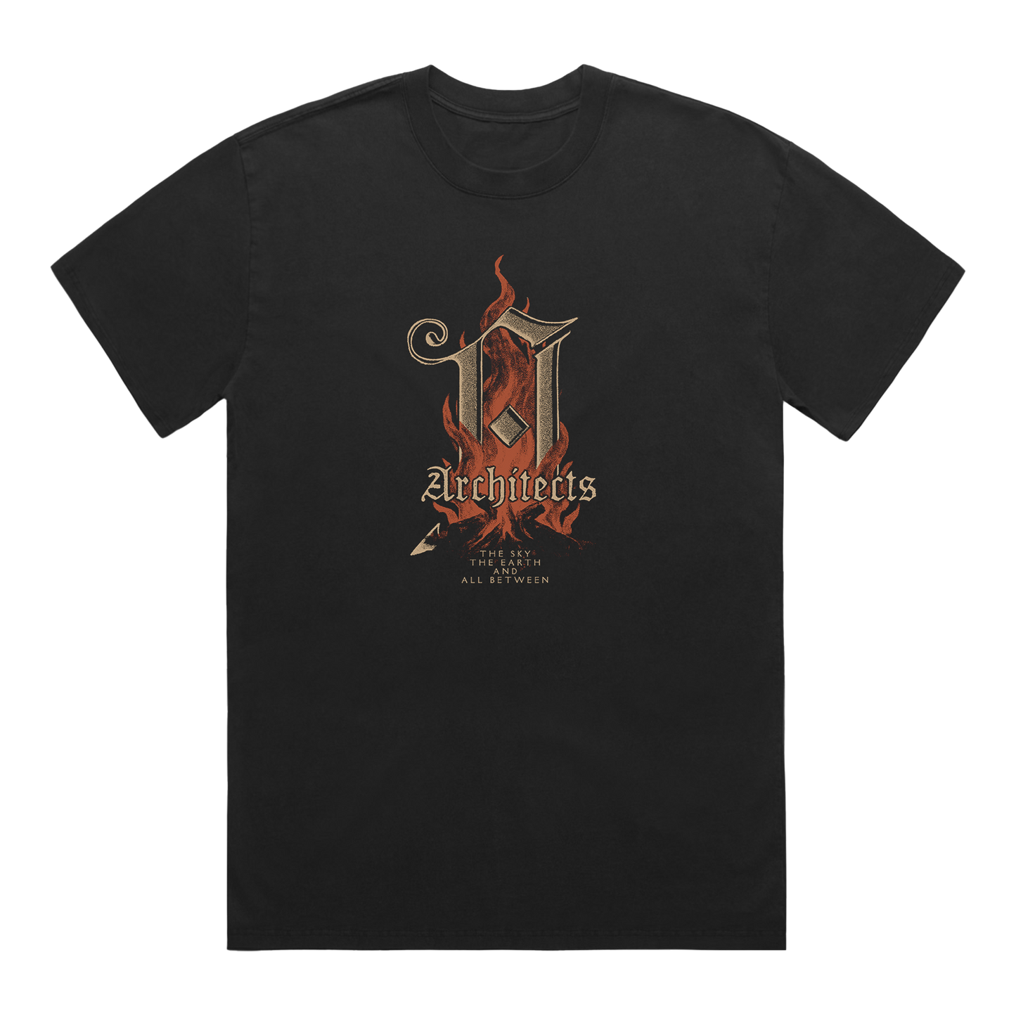 Black short-sleeve T-Shirt with a golden burning A across the front