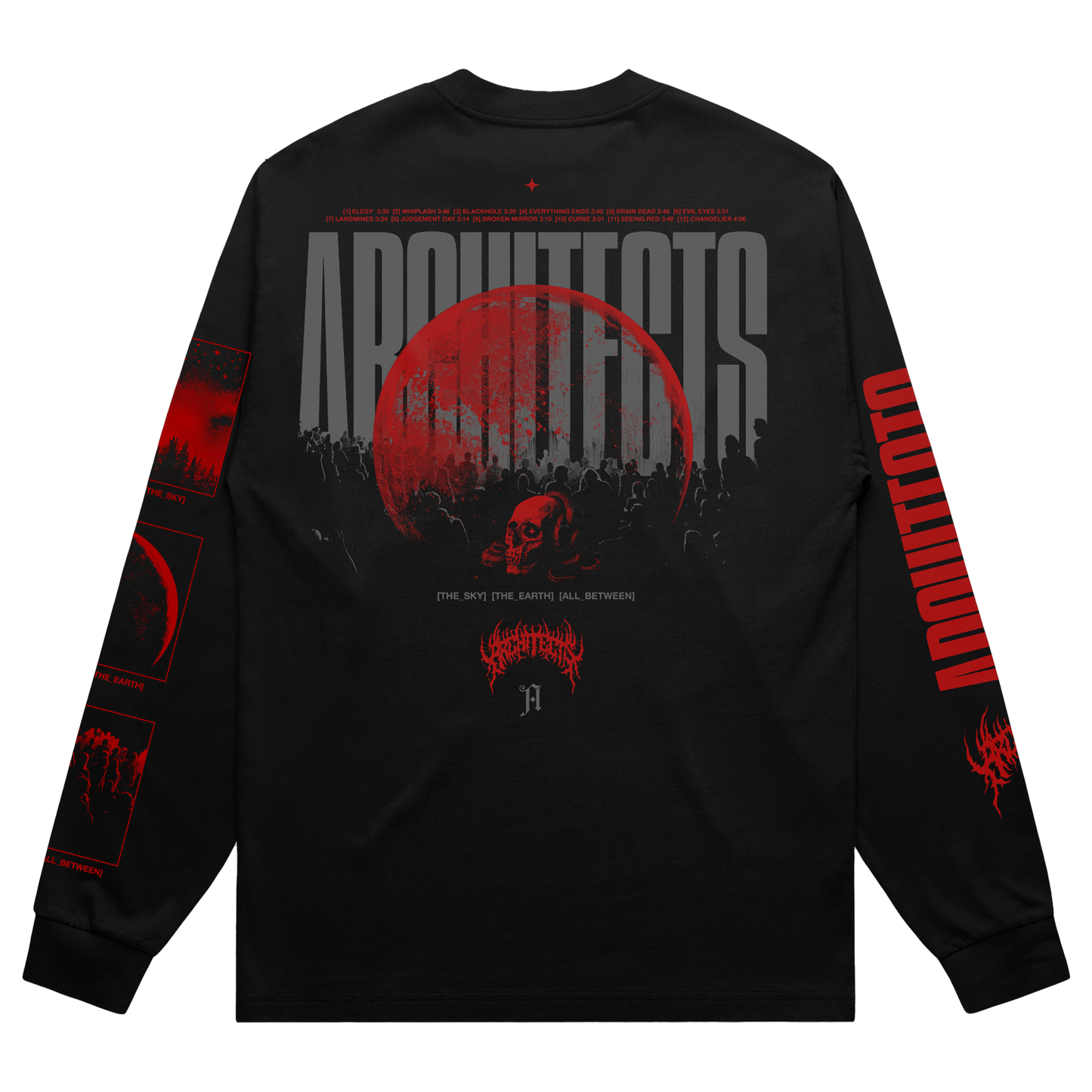 Black long-sleeve shirt with red and gray moon skull design across the back.