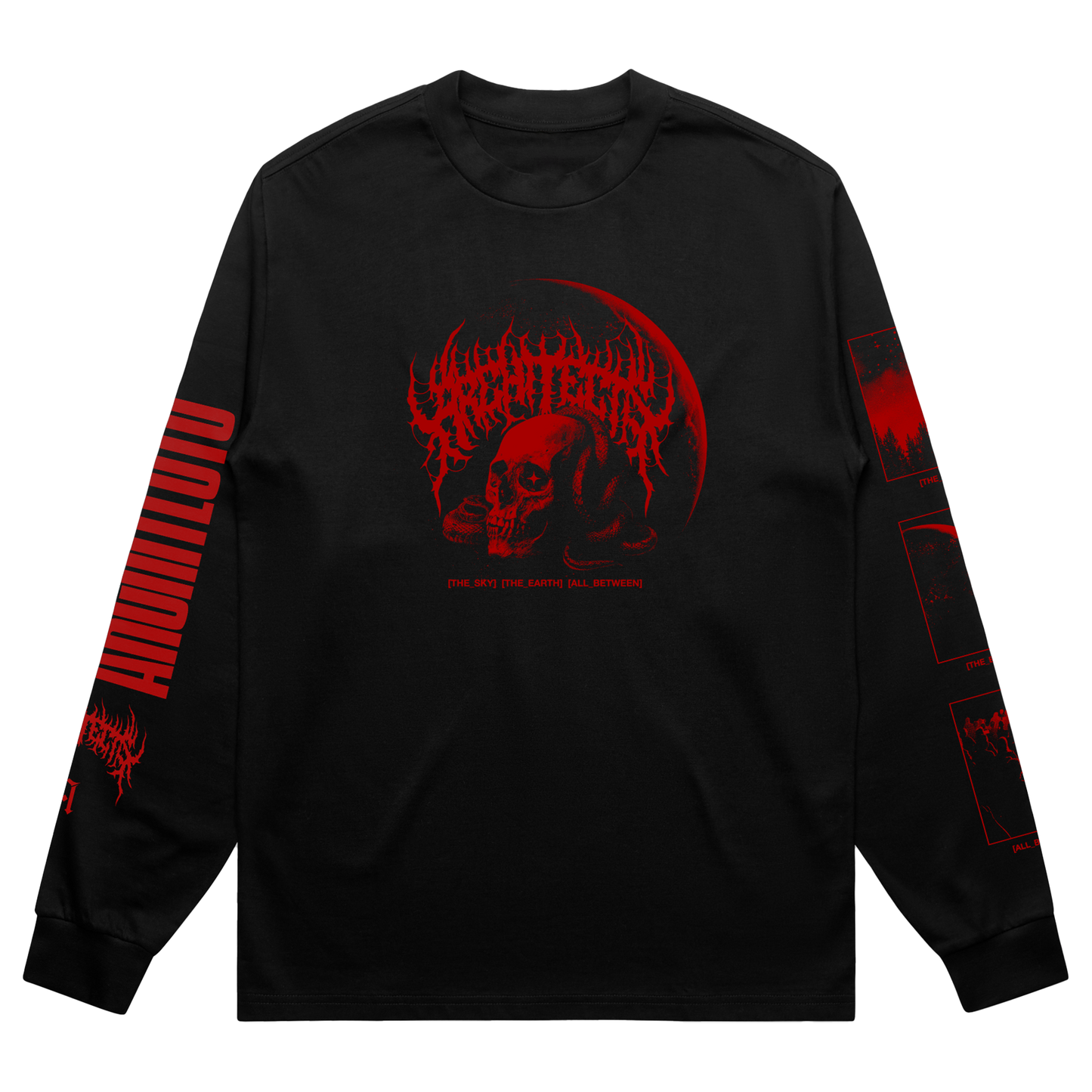 Black long-sleeve shirt with red Architects skull graphics across the front.