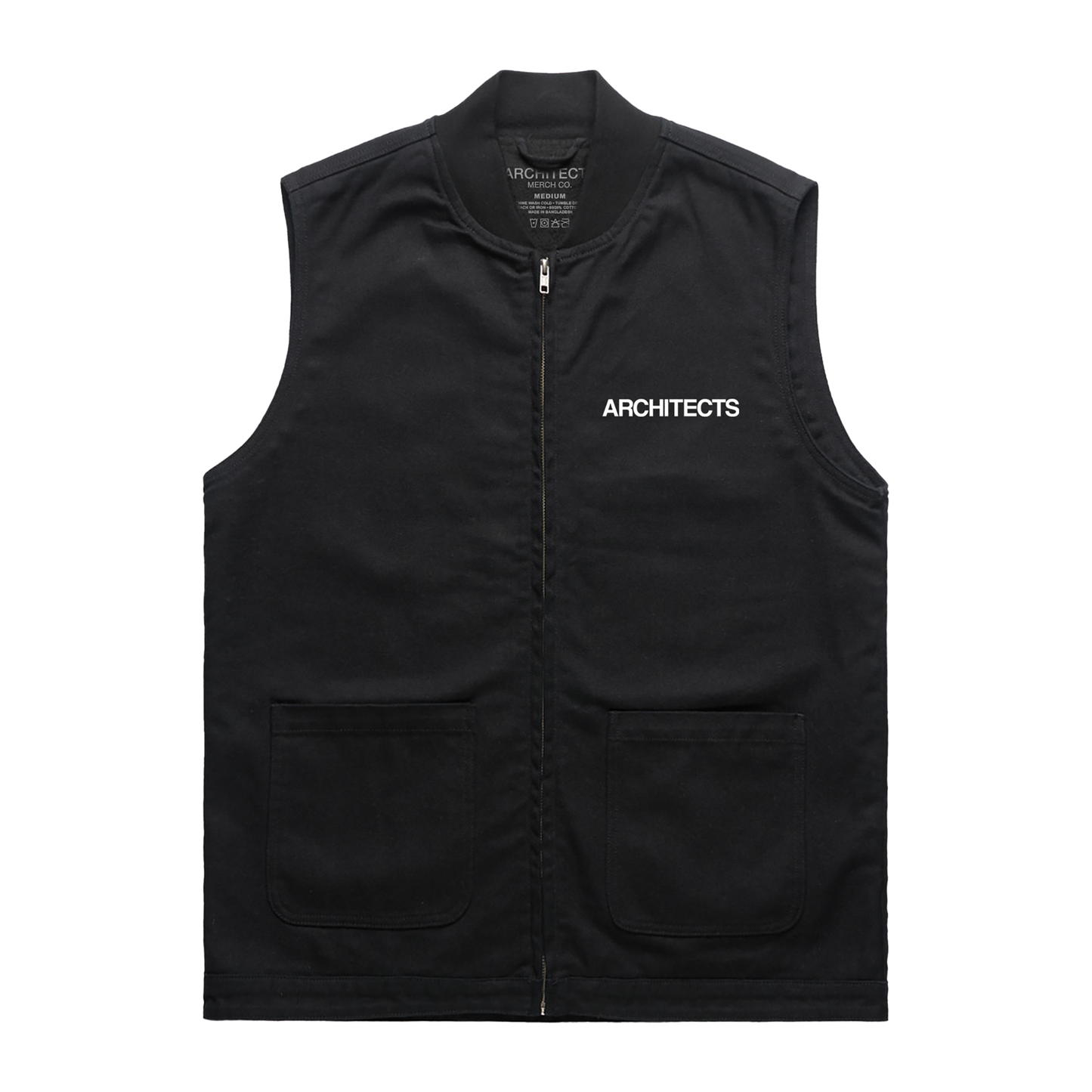 Black sleeveless canvas vest featuring white Architects text print on the front right chest.