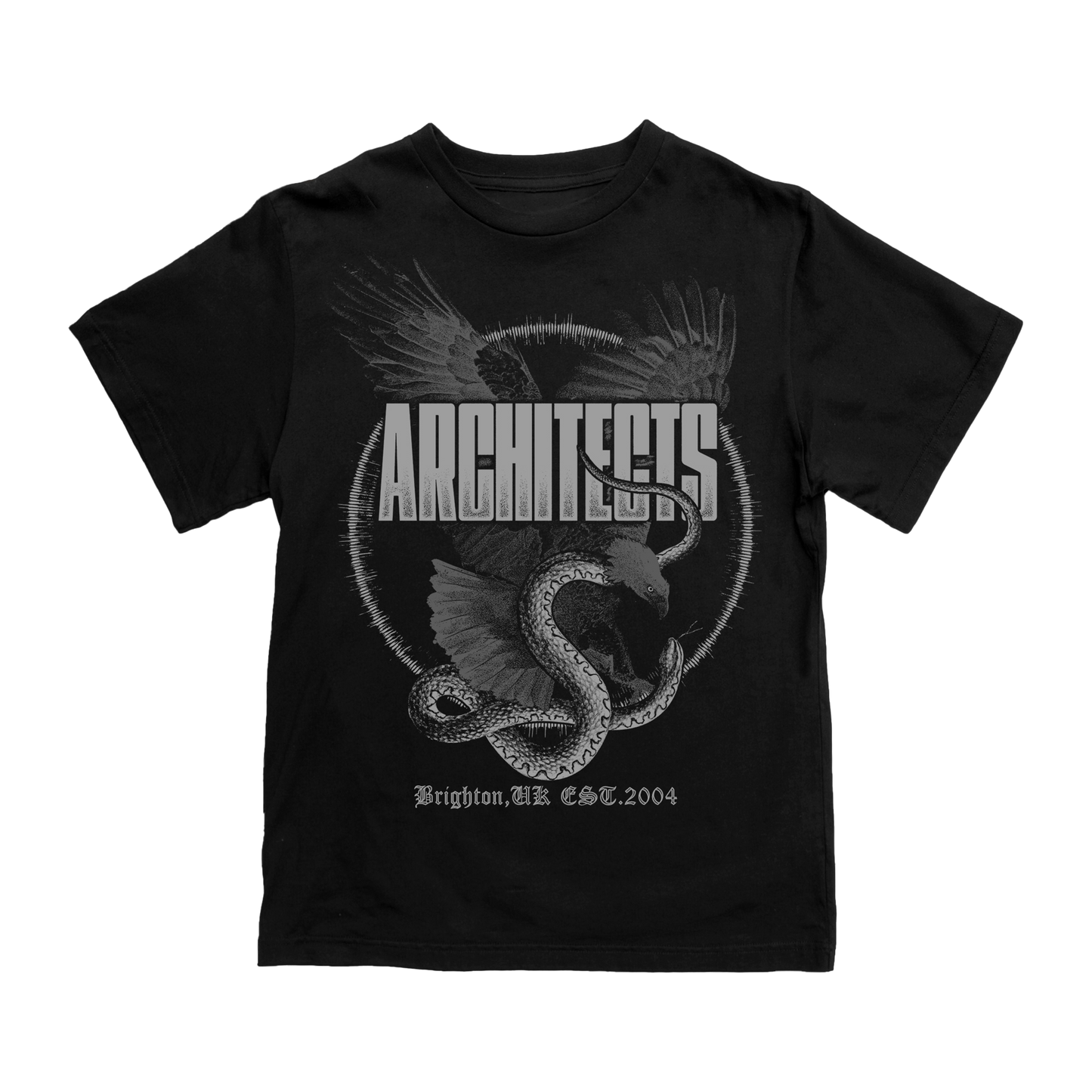 Black unisex short-sleeve T-Shirt featuring a grey Architects Snake and Eagle print across the front.