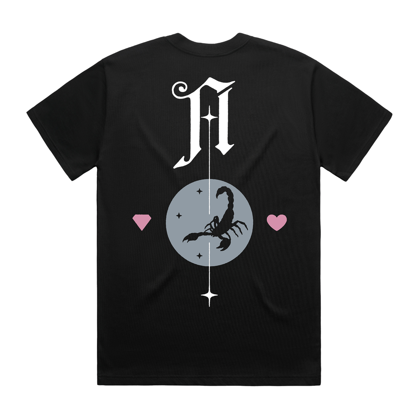 Black short-sleeve unisex T-Shirt with Architects Scorpio Heart print across the back