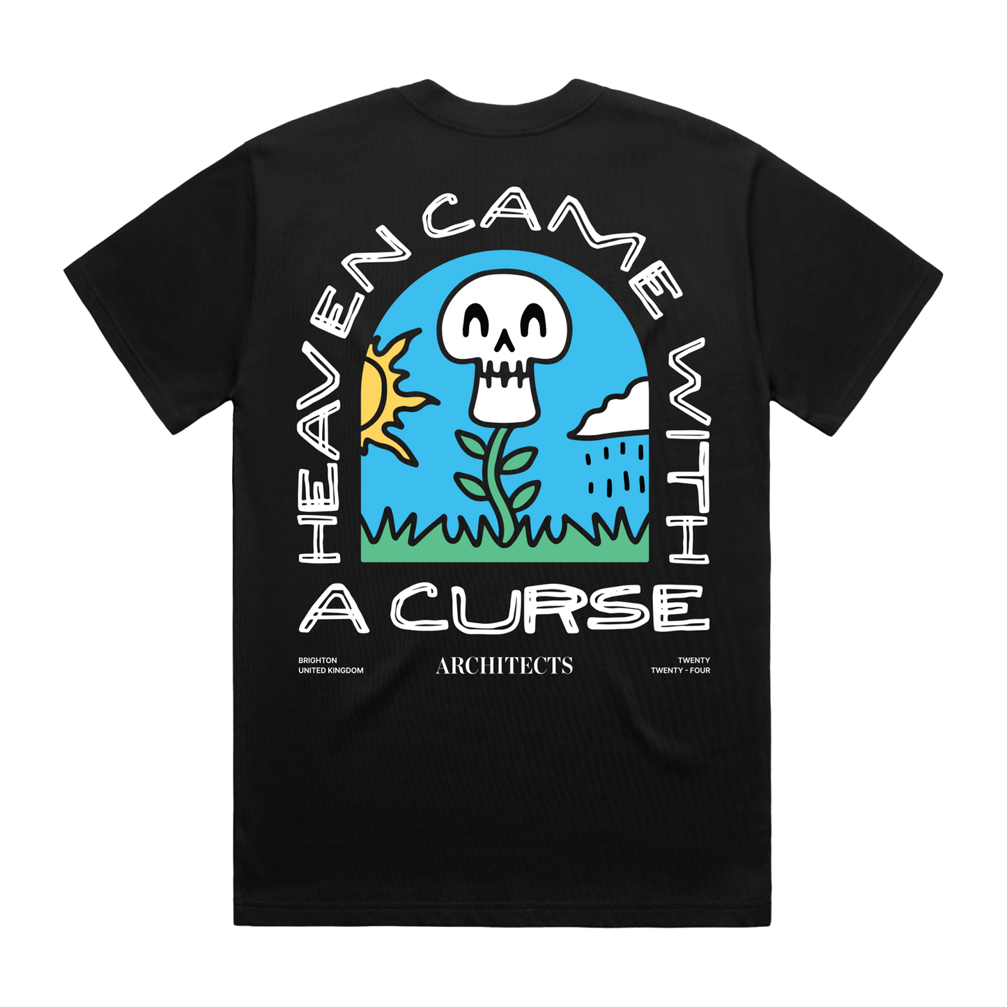 Black short-sleeve unisex T-shirt featuring an Architects "When Heaven Came with a Curse" print across the back.