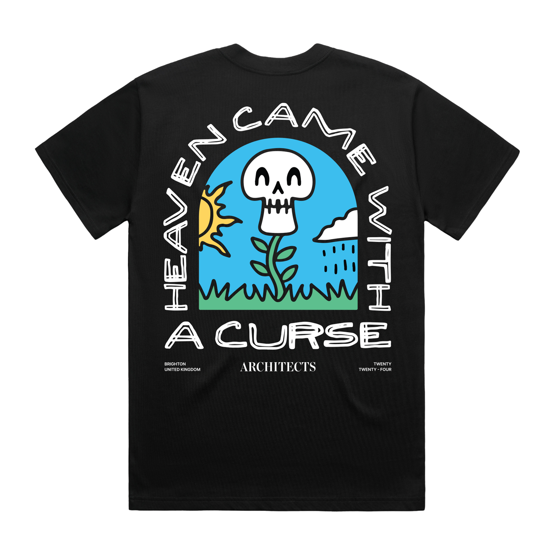 Black short-sleeve unisex T-shirt featuring an Architects "When Heaven Came with a Curse" print across the back.