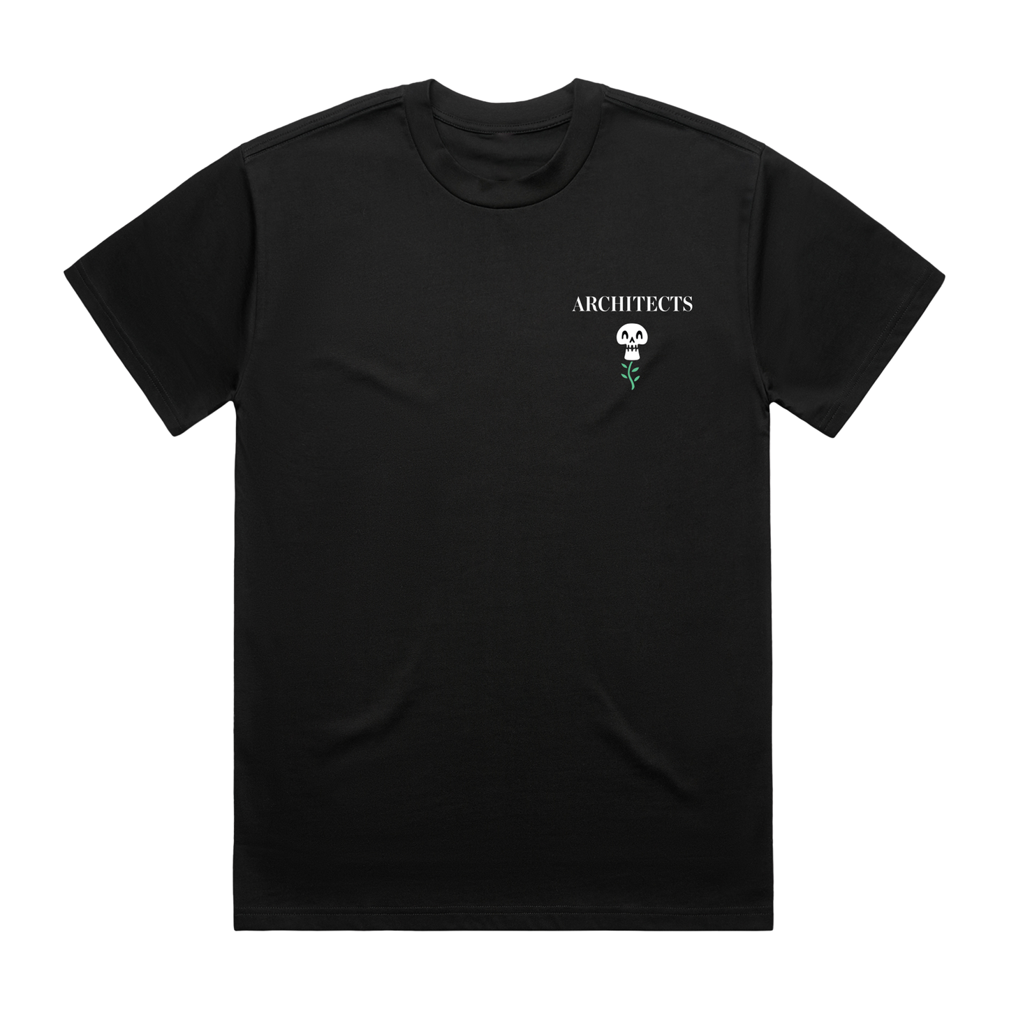 Black short-sleeve unisex T-shirt featuring an Architects flower skull print on the front right chest.