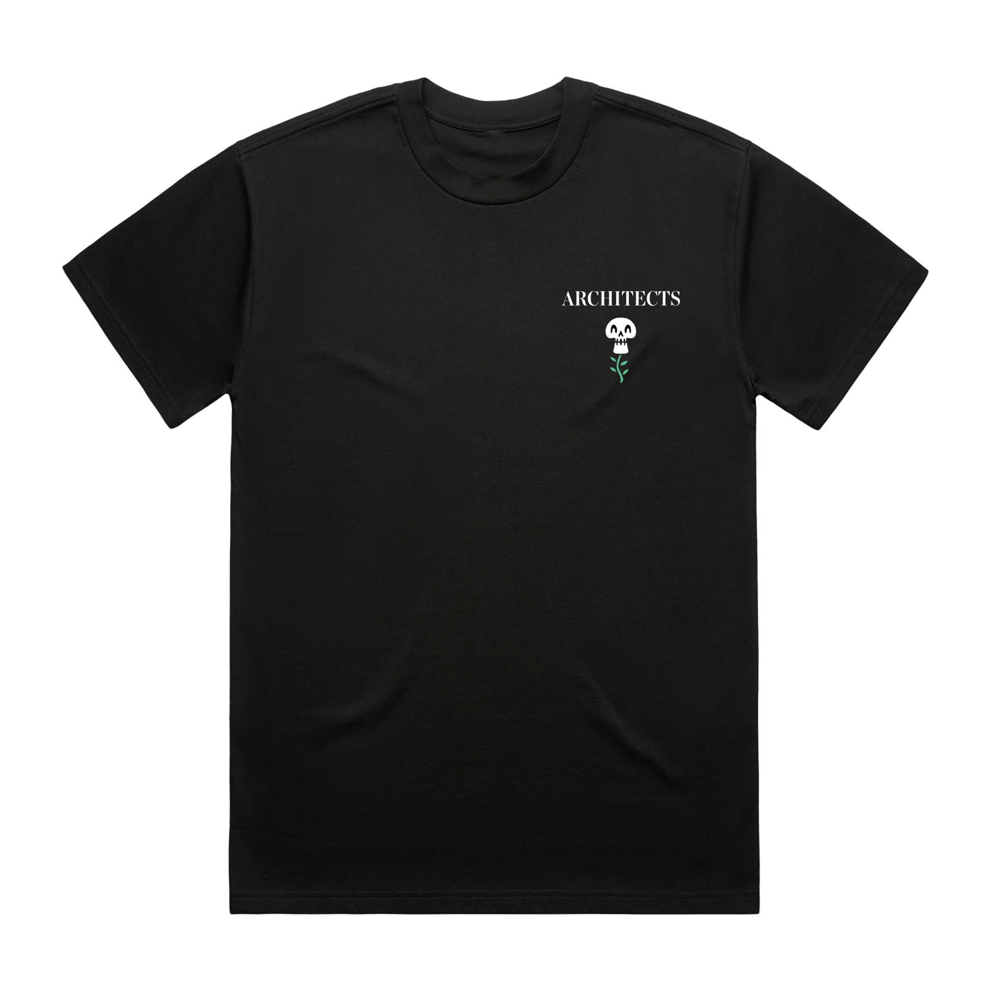 Black short-sleeve unisex T-shirt featuring an Architects flower skull print on the front right chest.