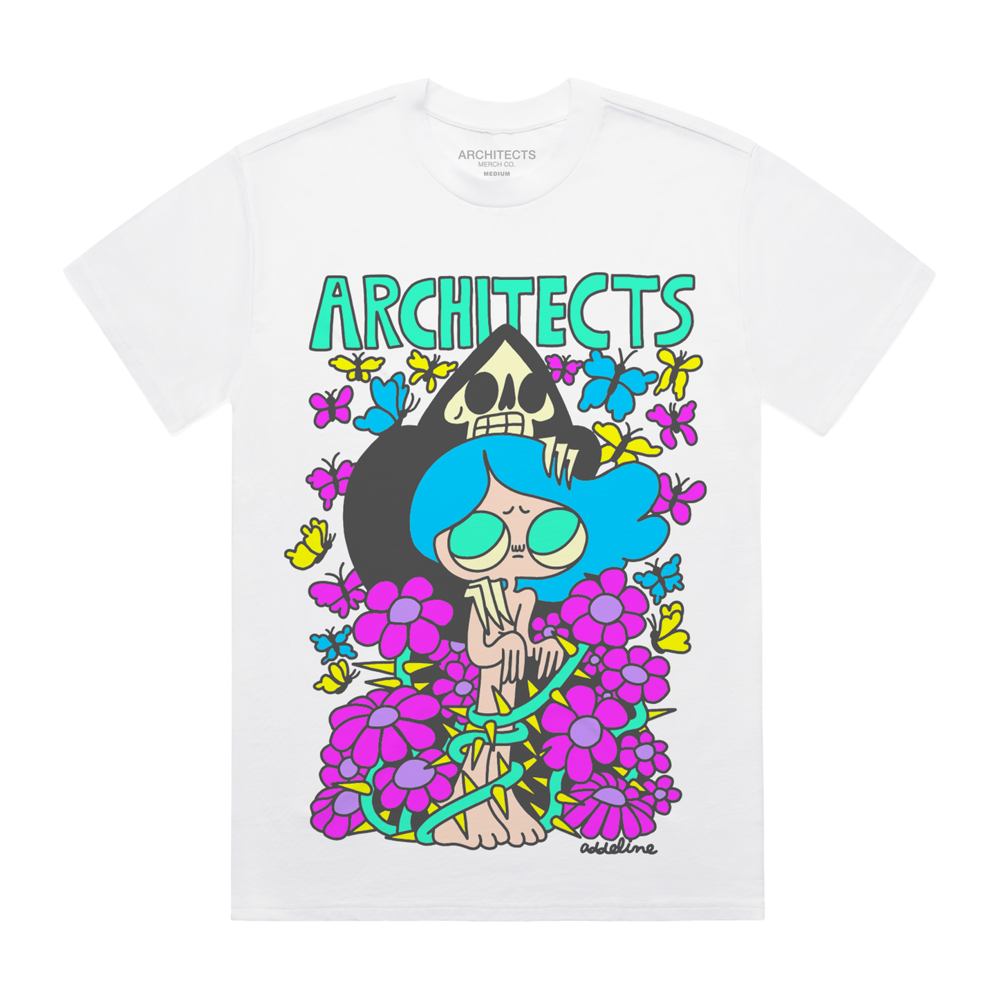 White unisex short-sleeve T-shirt with colourful Architects Butterfly Reaper print across the front