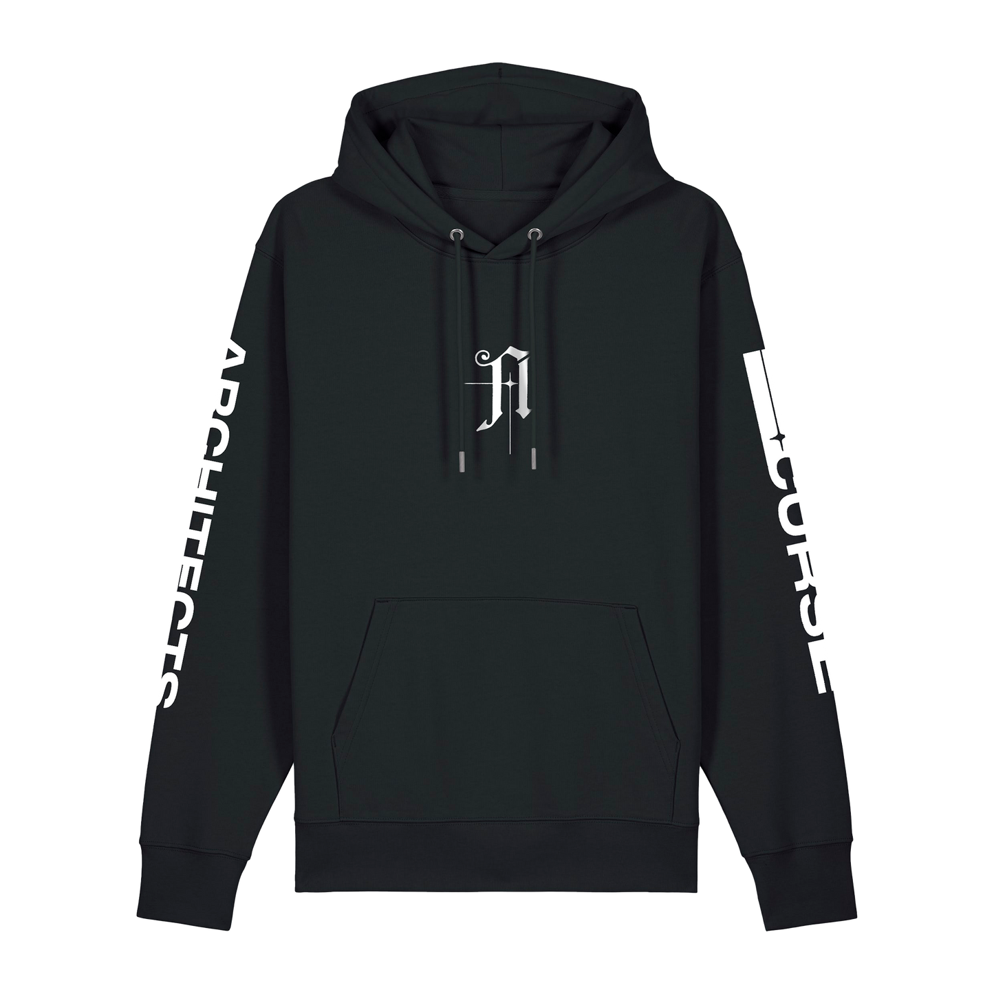 Black unisex hoodie featuring the Architects 'A' print on the front, Architects text along the right arm, and "Curse" text print along the left arm.