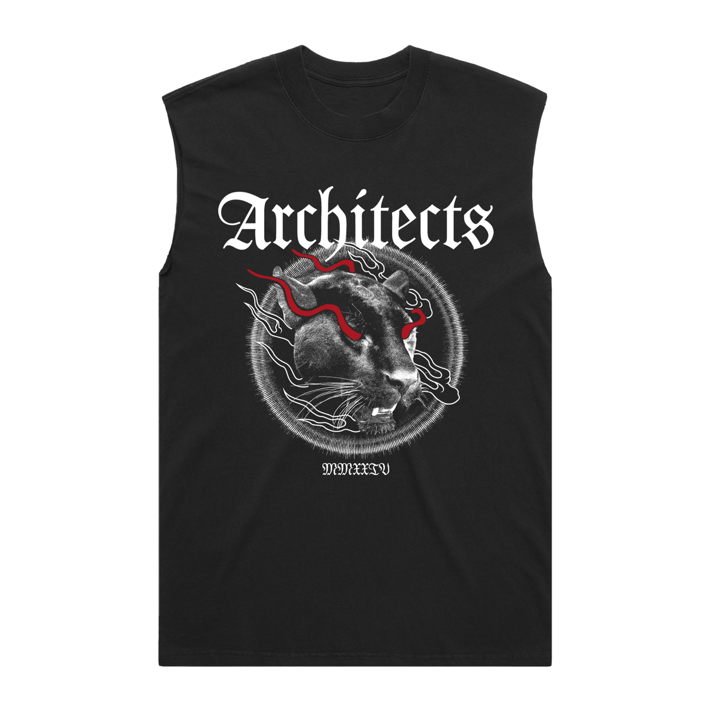 Black unisex sleeveless tank top with Architects panther print across the front