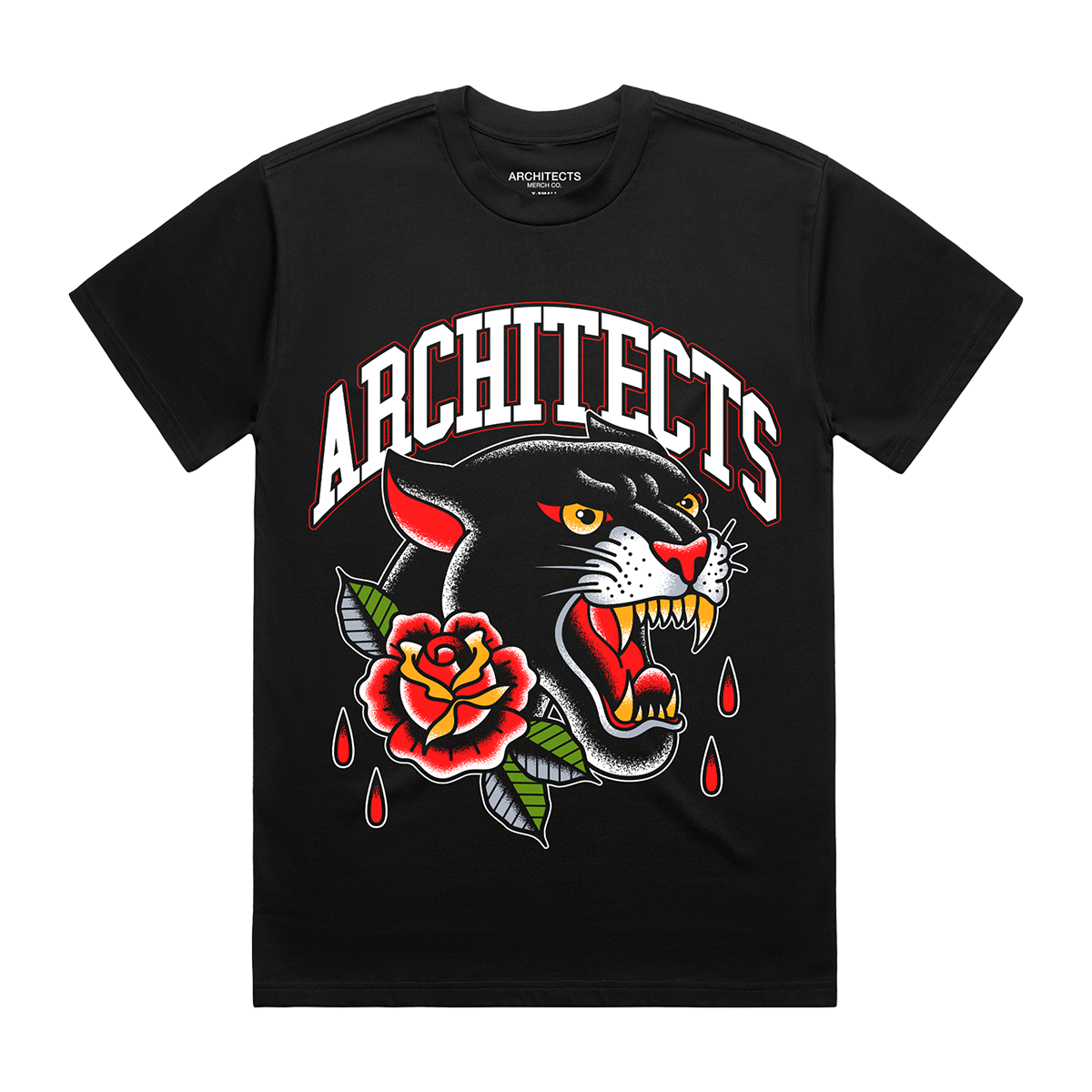 Black unisex short-sleeve Architects t-shirt with floral panther print across the front