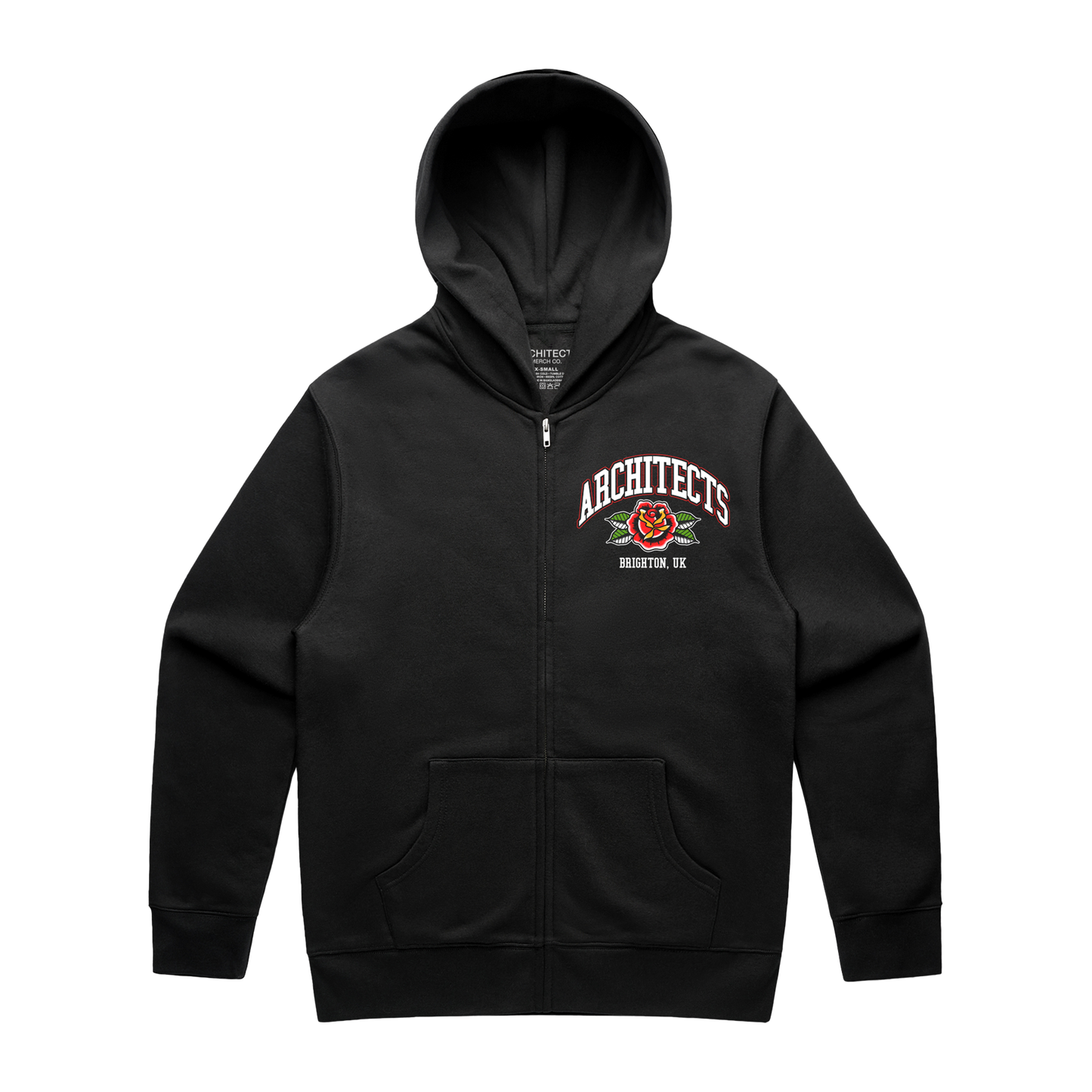 Black unisex zip-up hoodie with Architects Floral Panther print on the front right chest.