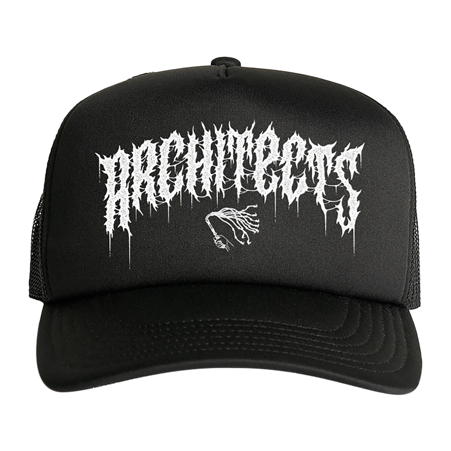 Black trucker cap with white Architects print across the front