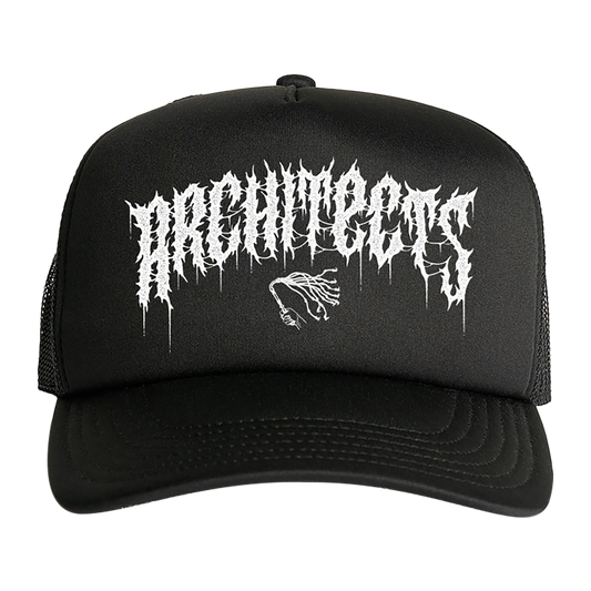Black trucker cap with white Architects print across the front