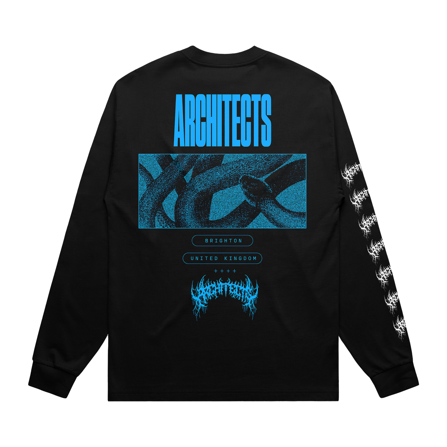 Black long-sleeve unisex regular-fit T-shirt featuring a blue Architects snake print across the back and a barbed wire print along the right sleeve.