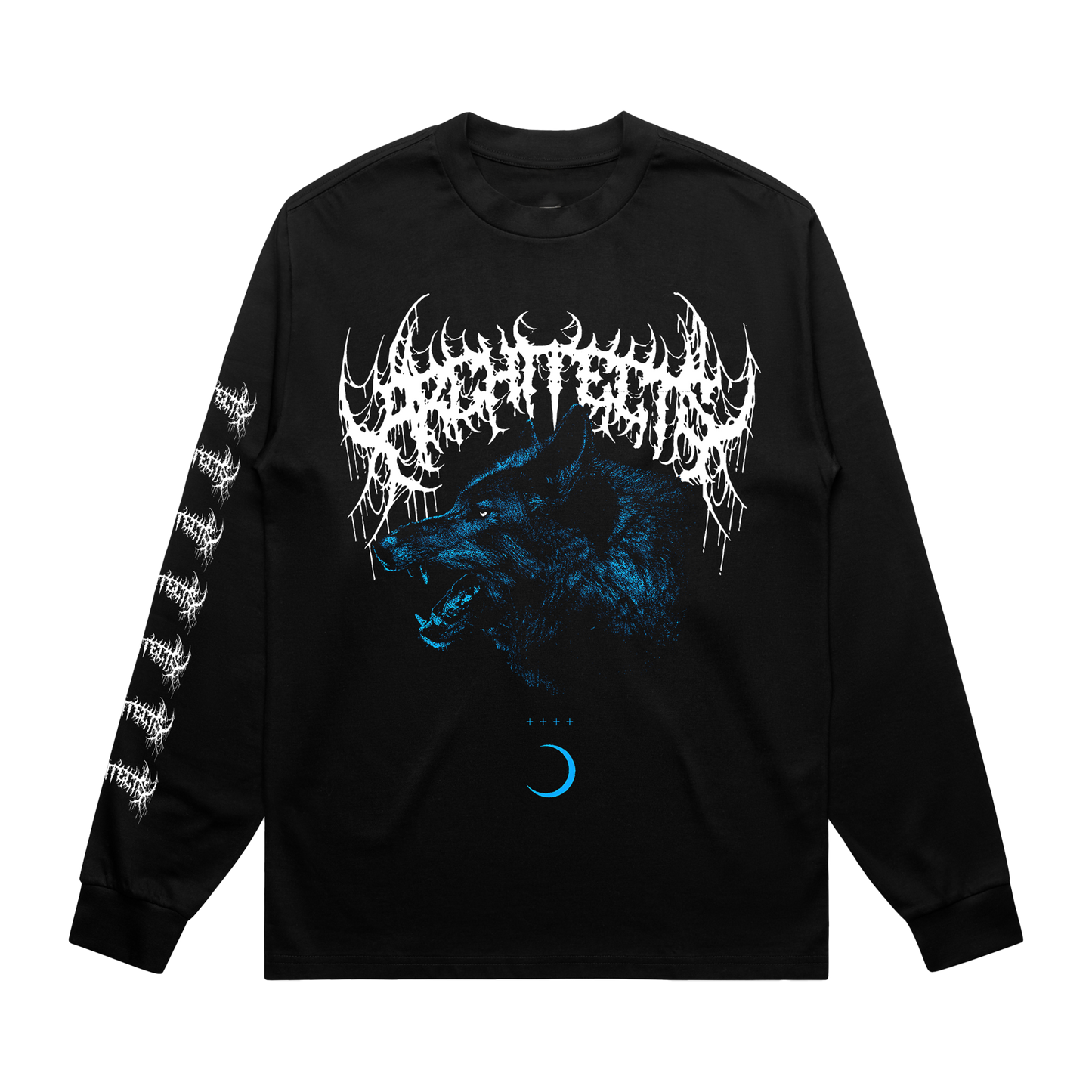 Black long-sleeve unisex regular-fit T-shirt featuring an Architects wolf print across the front and a barbed wire print along the right sleeve.