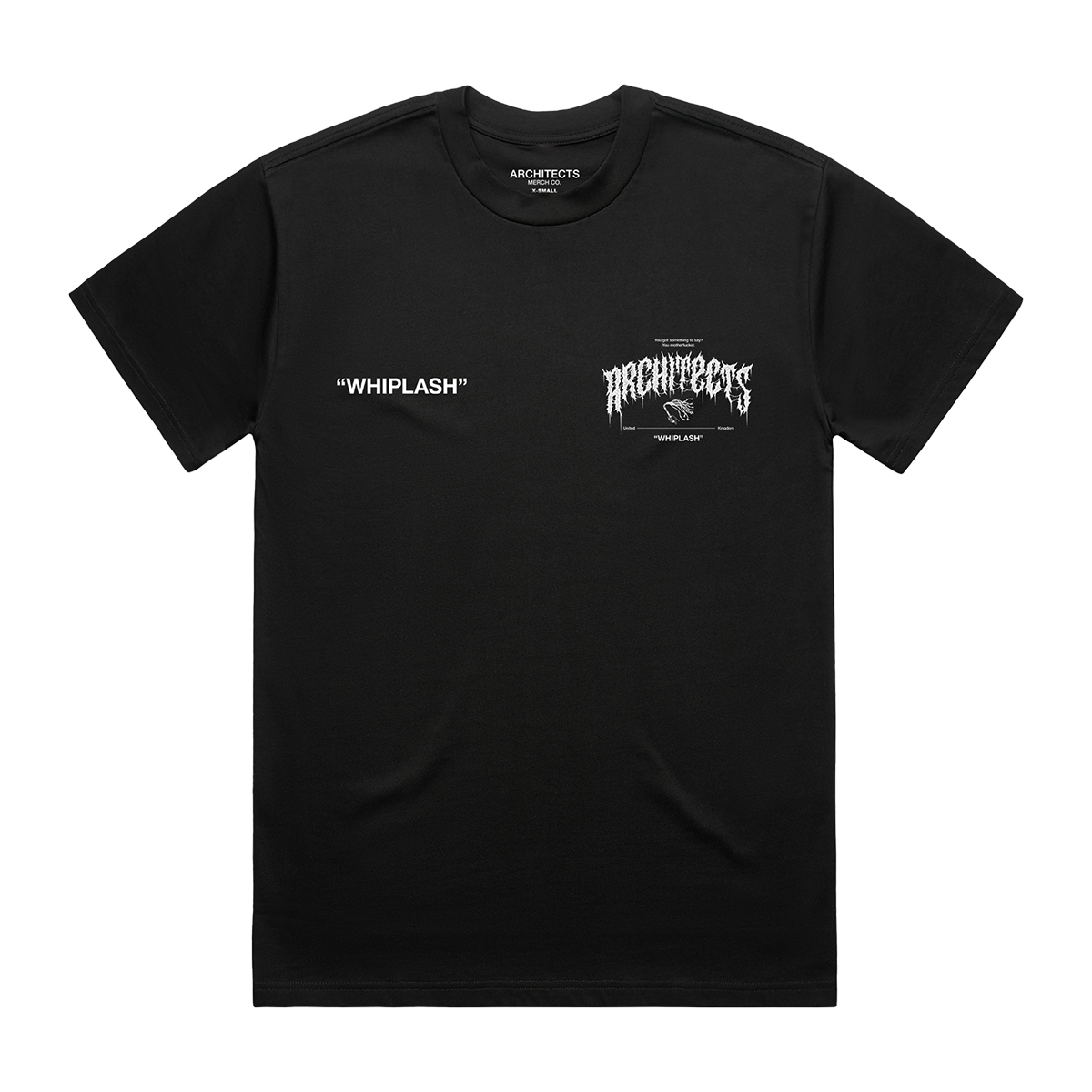 Black unisex short-sleeve T-Shirt with white Architects Whiplash text print across the front chest