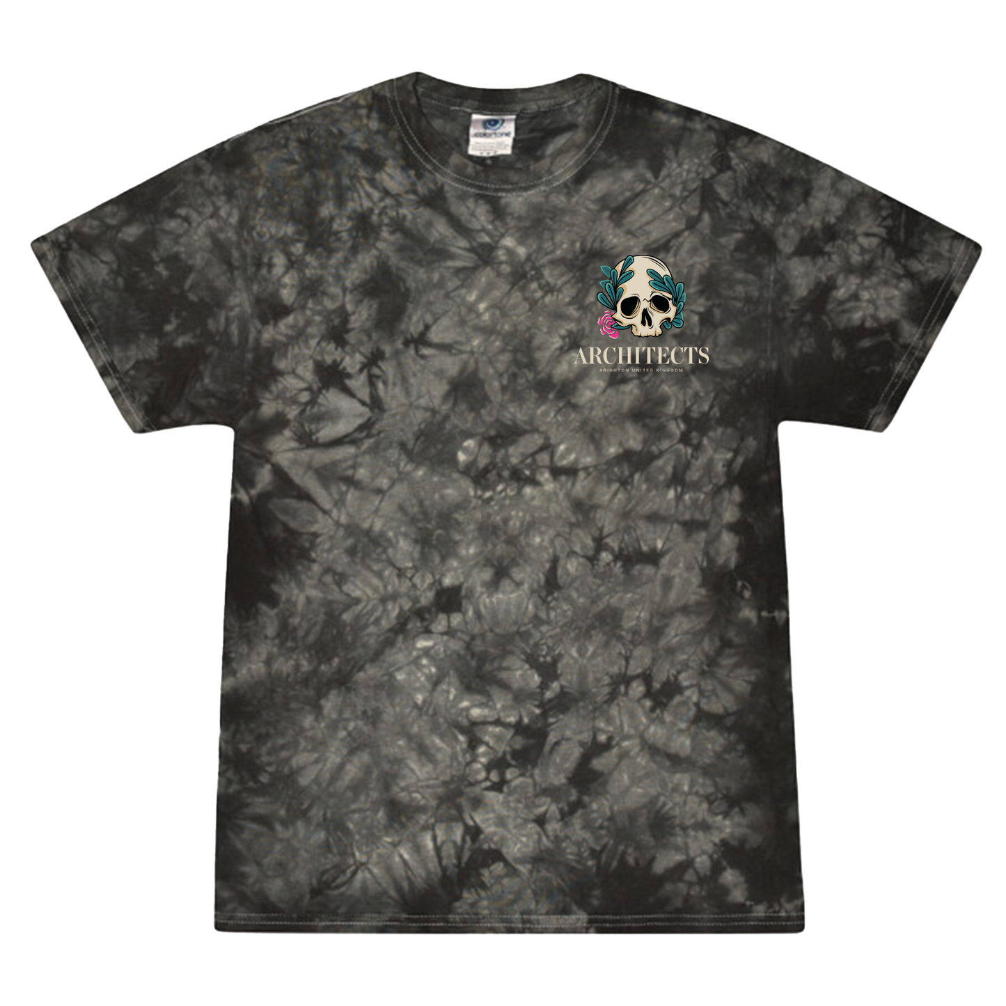 Black unisex tie-dye short-sleeve T-Shirt featuring the Architects Floral Skull print on the right chest and across the back.