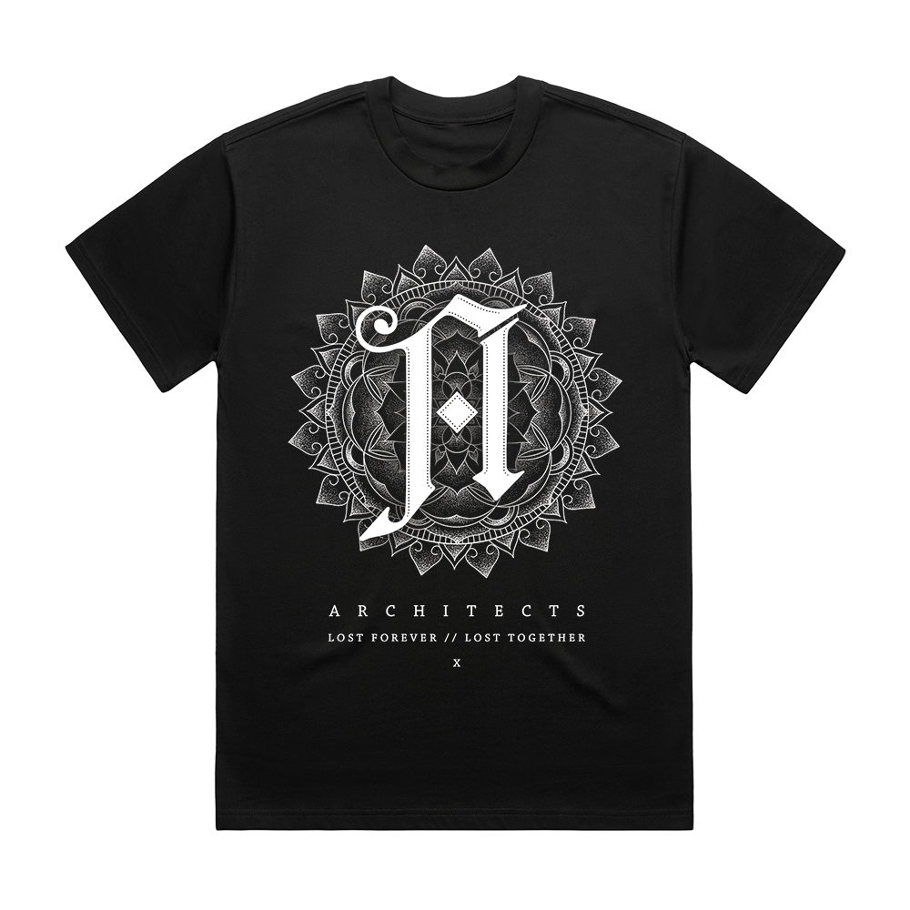 Black short-sleeve unisex t-shirt with Architects Lost Forever // Lost Together print across the front
