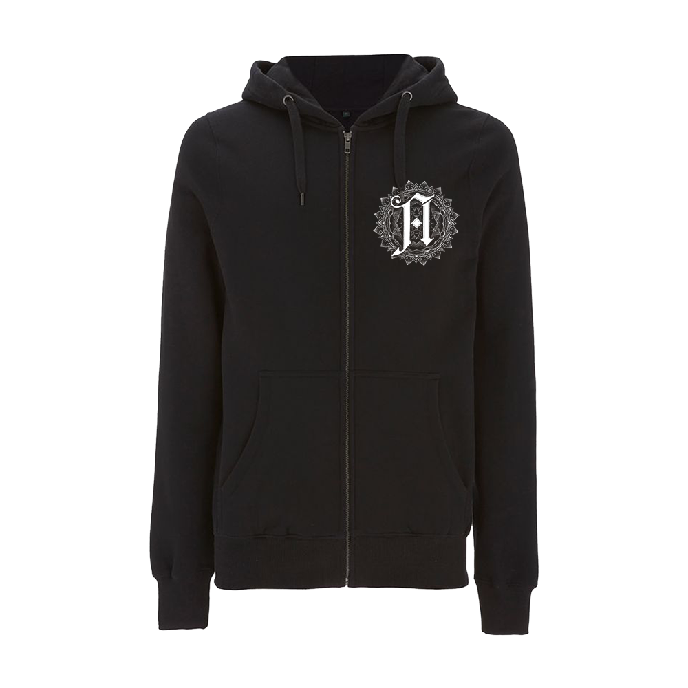 Black unisex zip-up hoodie featuring an Architects A print across the front right chest.