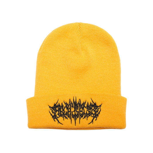 Yellow beanie featuring Barbed Wire Architects embroidery across the front