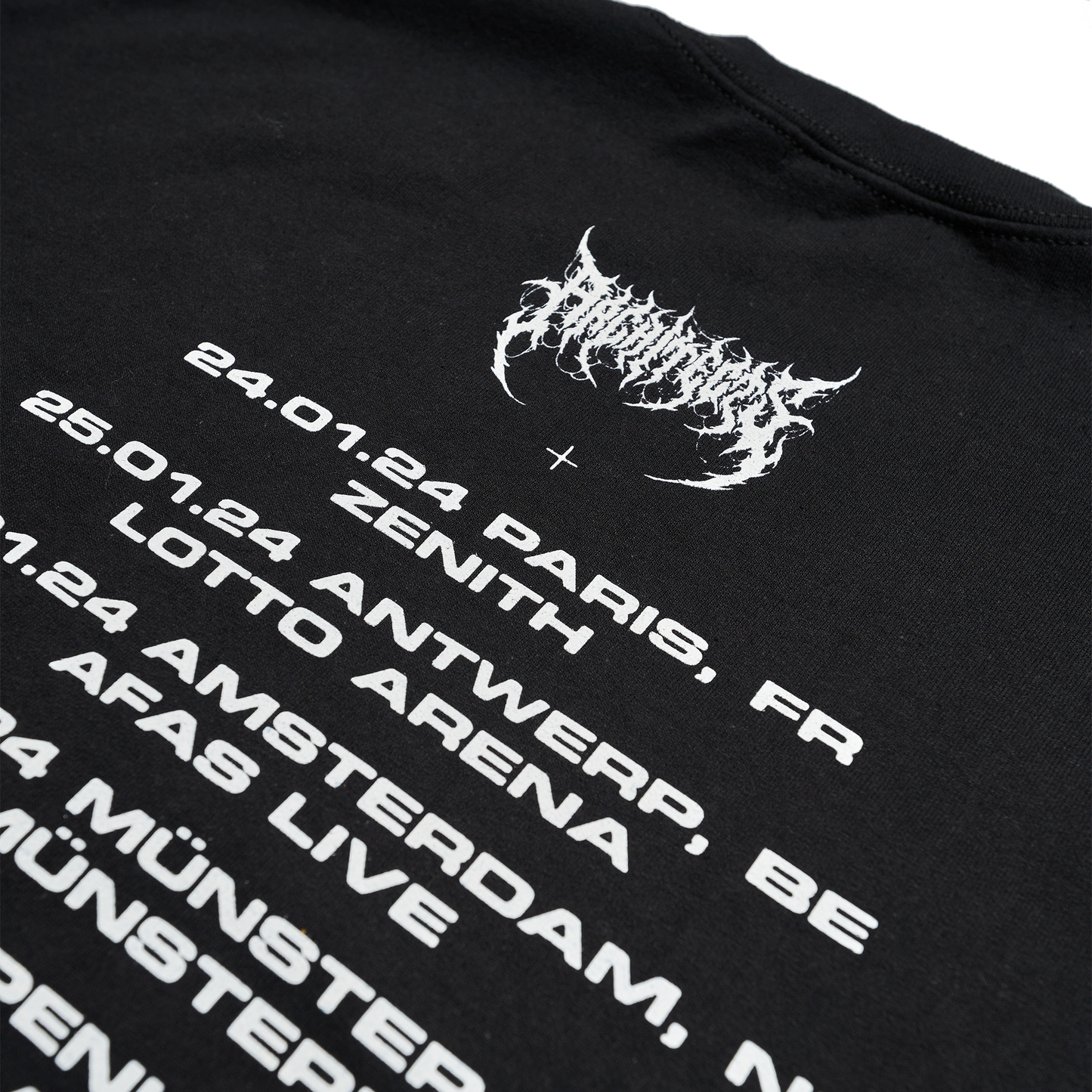 Black unisex crewneck featuring UK Winter 2024 tour dates across the back and a barbed wire print across the sleeves.