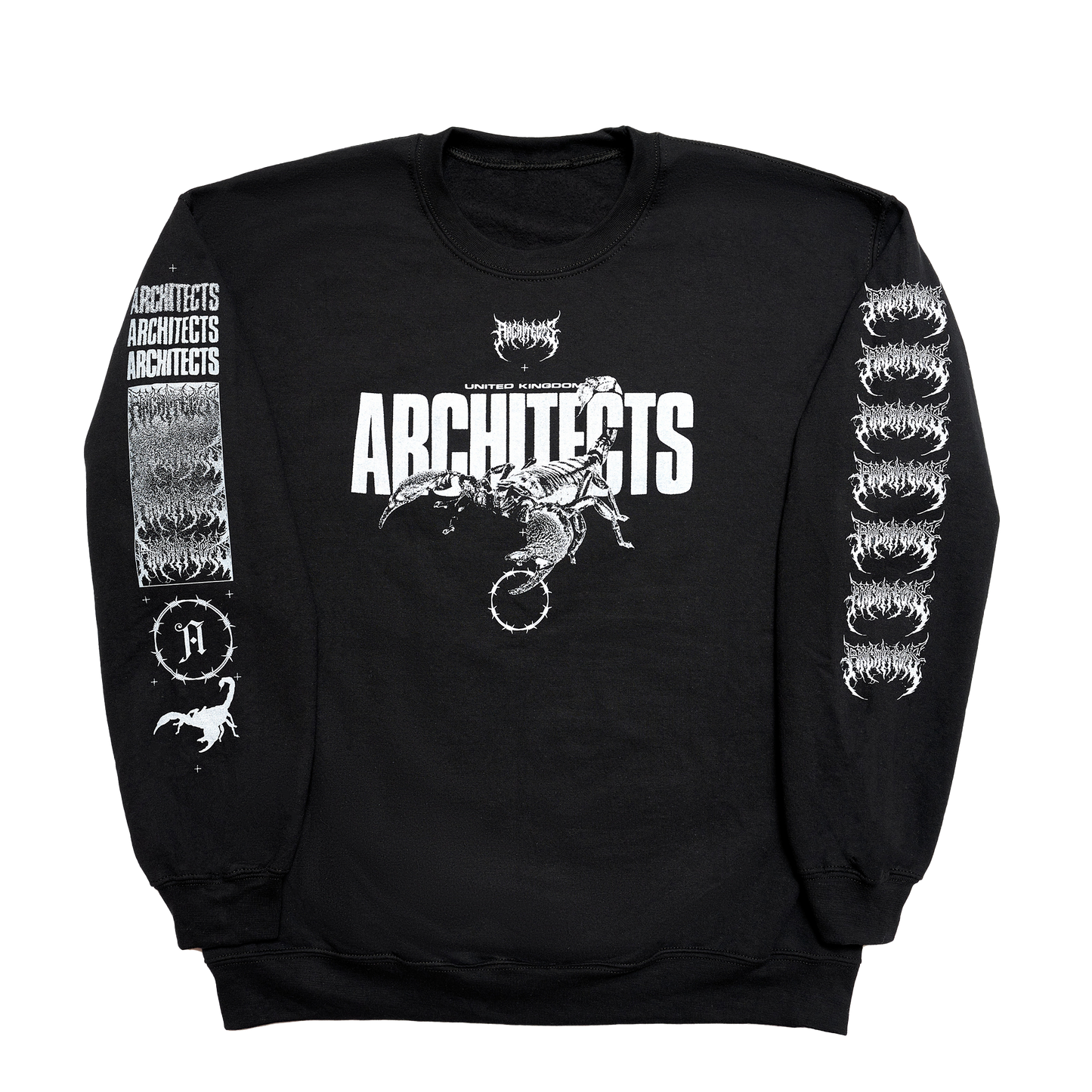 Black unisex crewneck featuring a white Architects Scorpio print across the front and a barbed wire print across the sleeves.