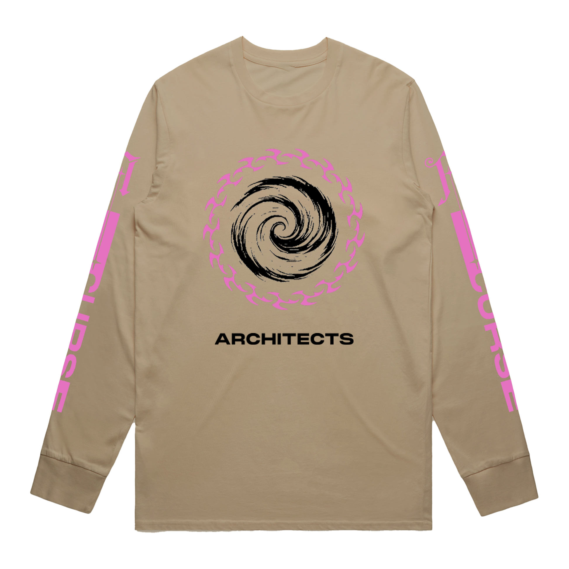 Beige long-sleeve unisex T-Shirt featuring a pink and black Architects swirl print on the front, with a pink Architects "Curse" print running along the sleeves.