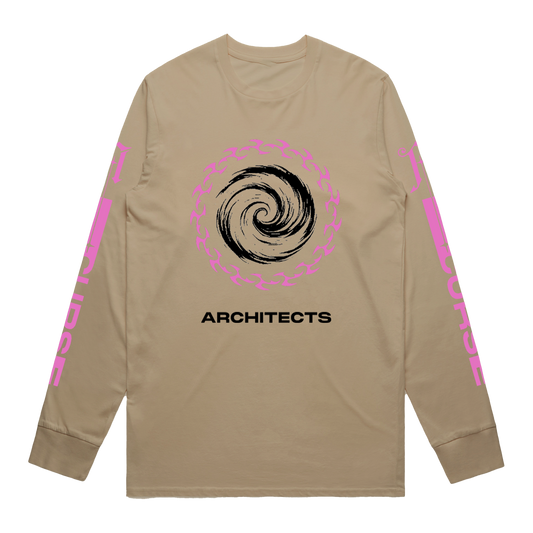 Beige long-sleeve unisex T-Shirt featuring a pink and black Architects swirl print on the front, with a pink Architects "Curse" print running along the sleeves.