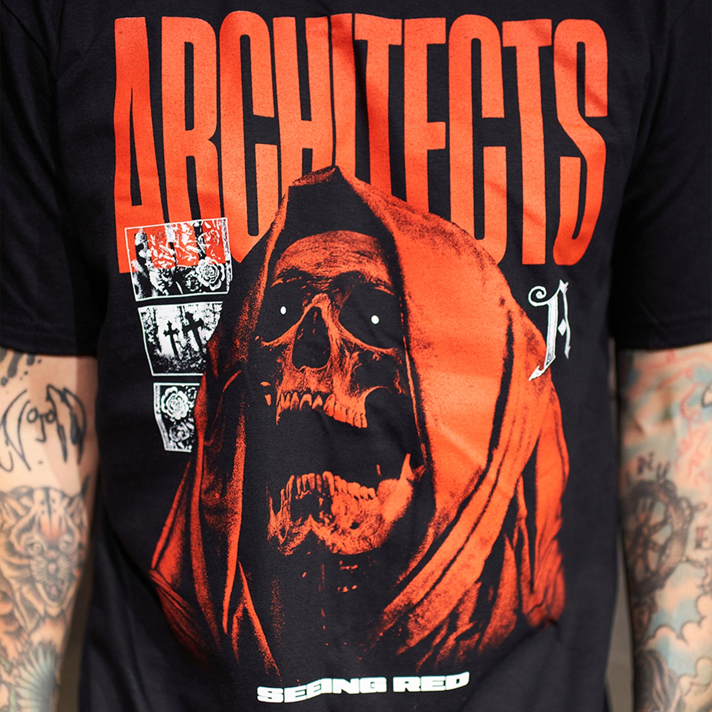 Black Short-sleeve Unisex Architects T-Shirt with Red Reaper print across the front