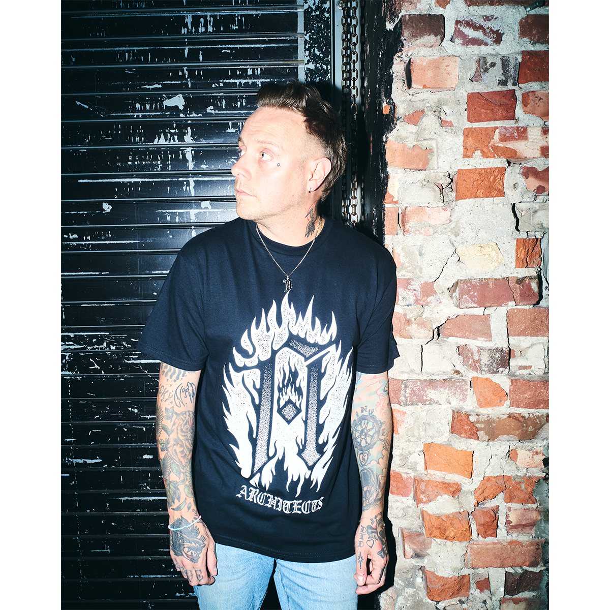 Black short-sleeve regular fit T-shirt with Architects Burning A print across the front and 2025 tour date print across the back.
