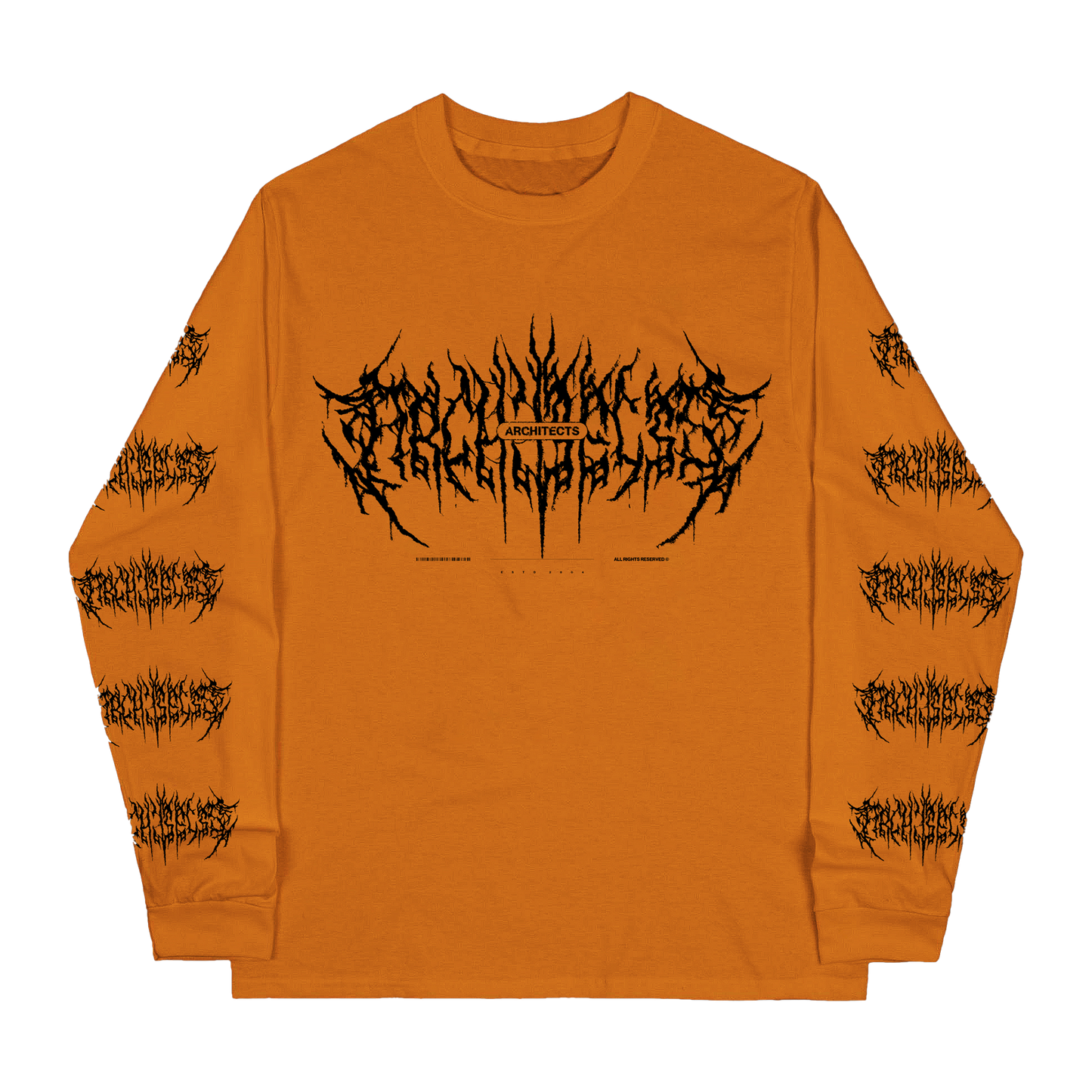 Orange long-sleeve T-shirt featuring a Barbed Wire Architects print across the front and along the sleeves